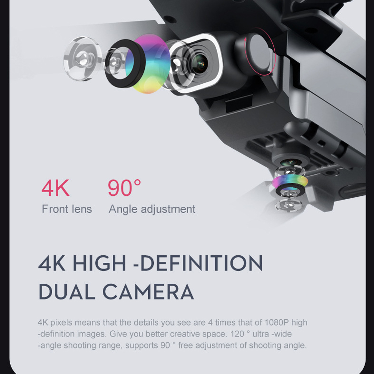 Drohne mit 4K-Dualkamera, Text enthält 4K und 90°-Winkeleinstellung. Weißer Hintergrund.