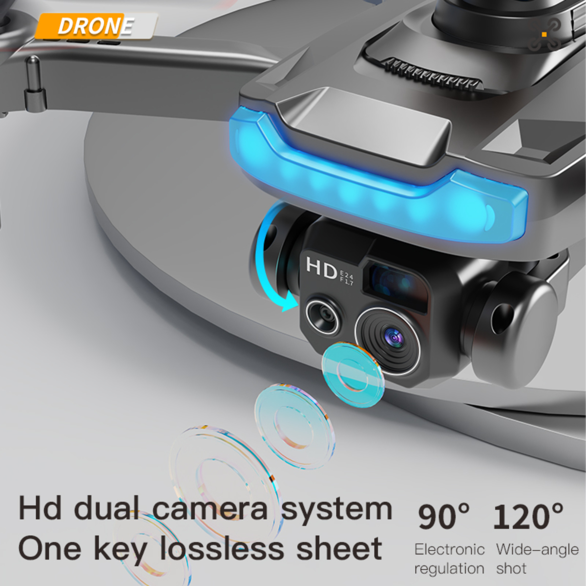 Drohne mit zwei Kameras. Text: HD-Dual-Kamerasystem, 90° 120° elektronische Weitwinkelregulierung.