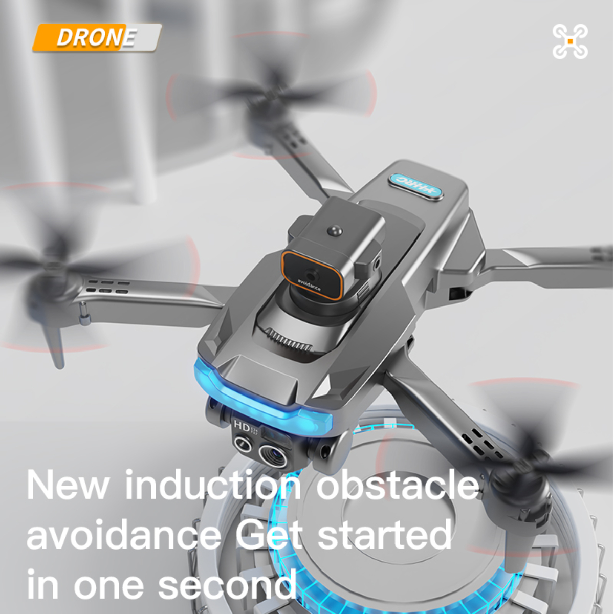 Drohne in der Luft, grau mit Kamera. Blaues Licht, Rotoren drehen sich. Text: 'New induction obstacle avoidance'.