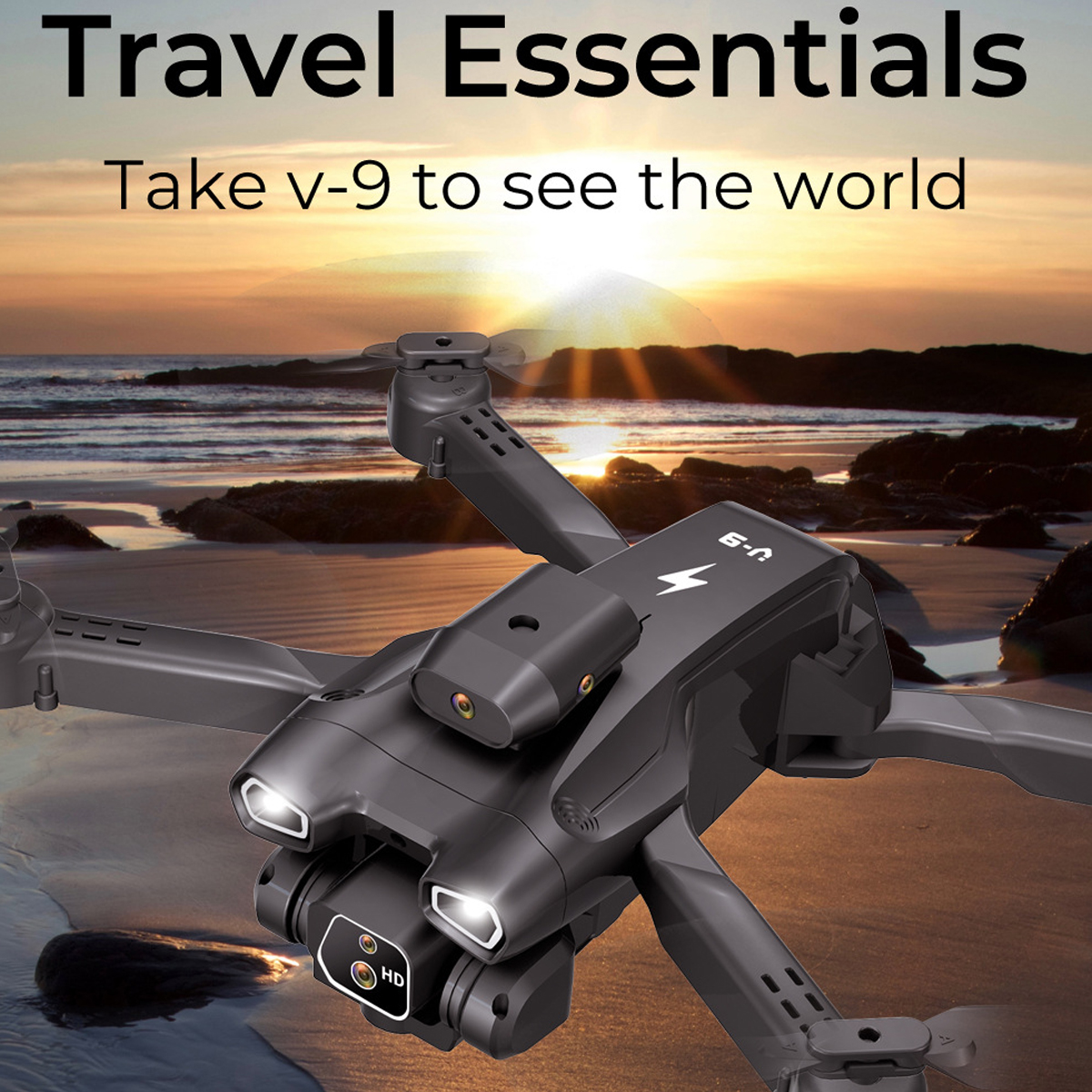 Drohne am Strand mit Text 'Travel Essentials'. Sonnenuntergang im Hintergrund.