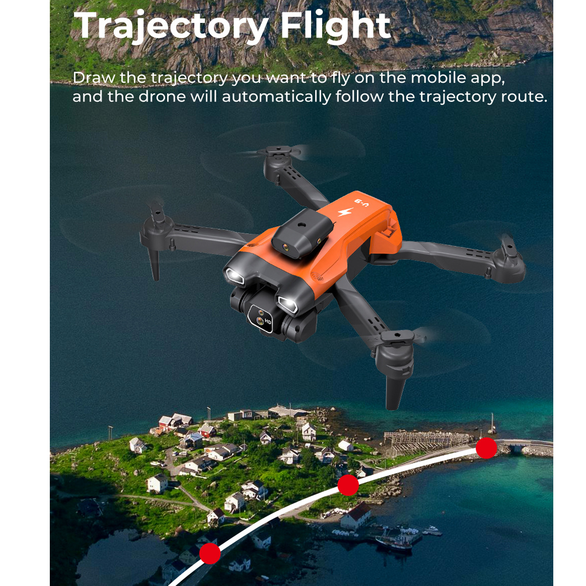 Eine Drohne, die über einer Küstenlandschaft fliegt. Die Drohne ist orange und schwarz. Text erklärt die Flugbahnfunktion.