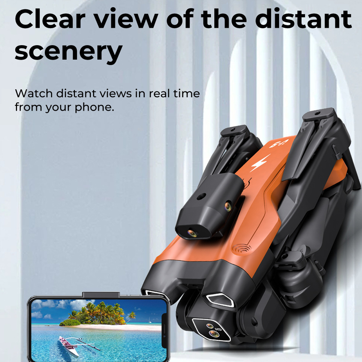 Eine Drohne mit einem orange-schwarzen Körper. Ein Telefon zeigt eine Szene eines Bootes auf dem Wasser.