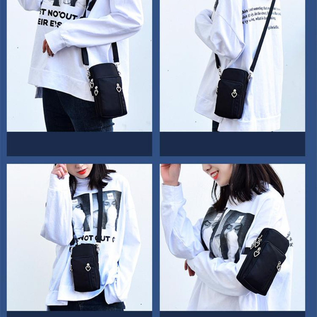 Vier Bilder von Frauen mit schwarzen Handytaschen. Schwarze Taschen mit Herzdetails. Auf weißem Hintergrund.