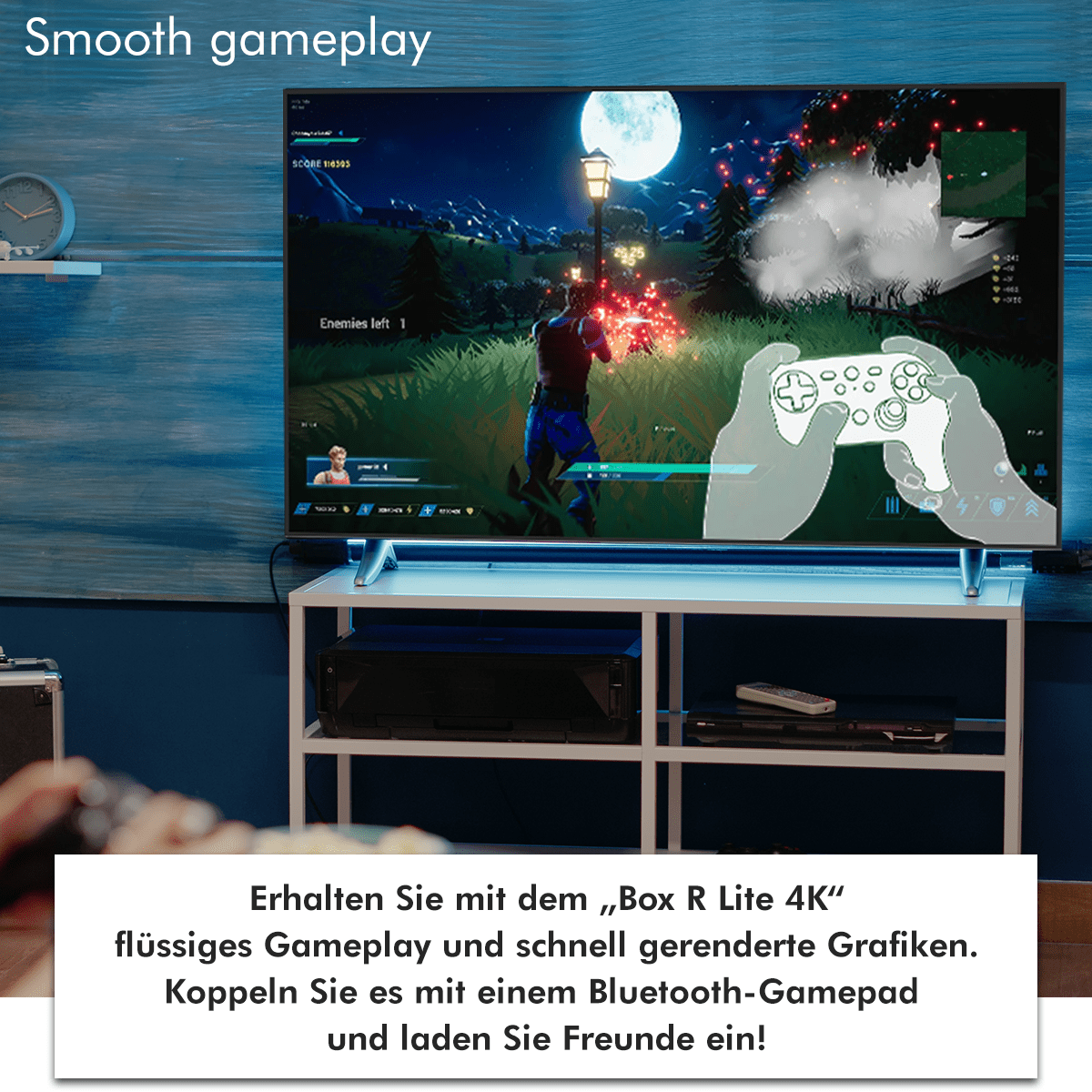 Eine Person spielt ein Videospiel auf einem Fernseher mit einem Controller.