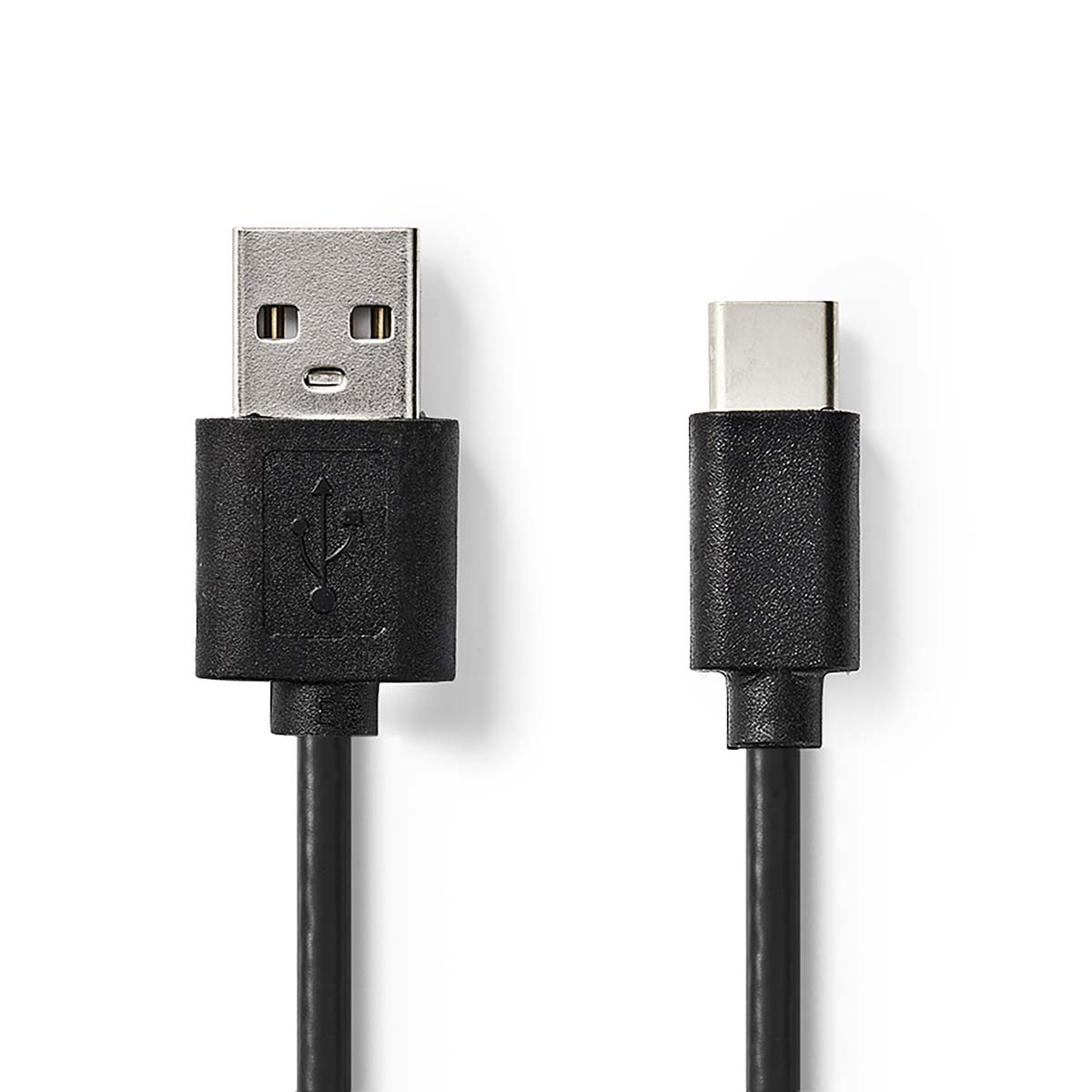 Schwarzes USB-zu-USB-C-Kabel. Das USB-Ende und das USB-C-Ende sind auf weißem Hintergrund sichtbar.