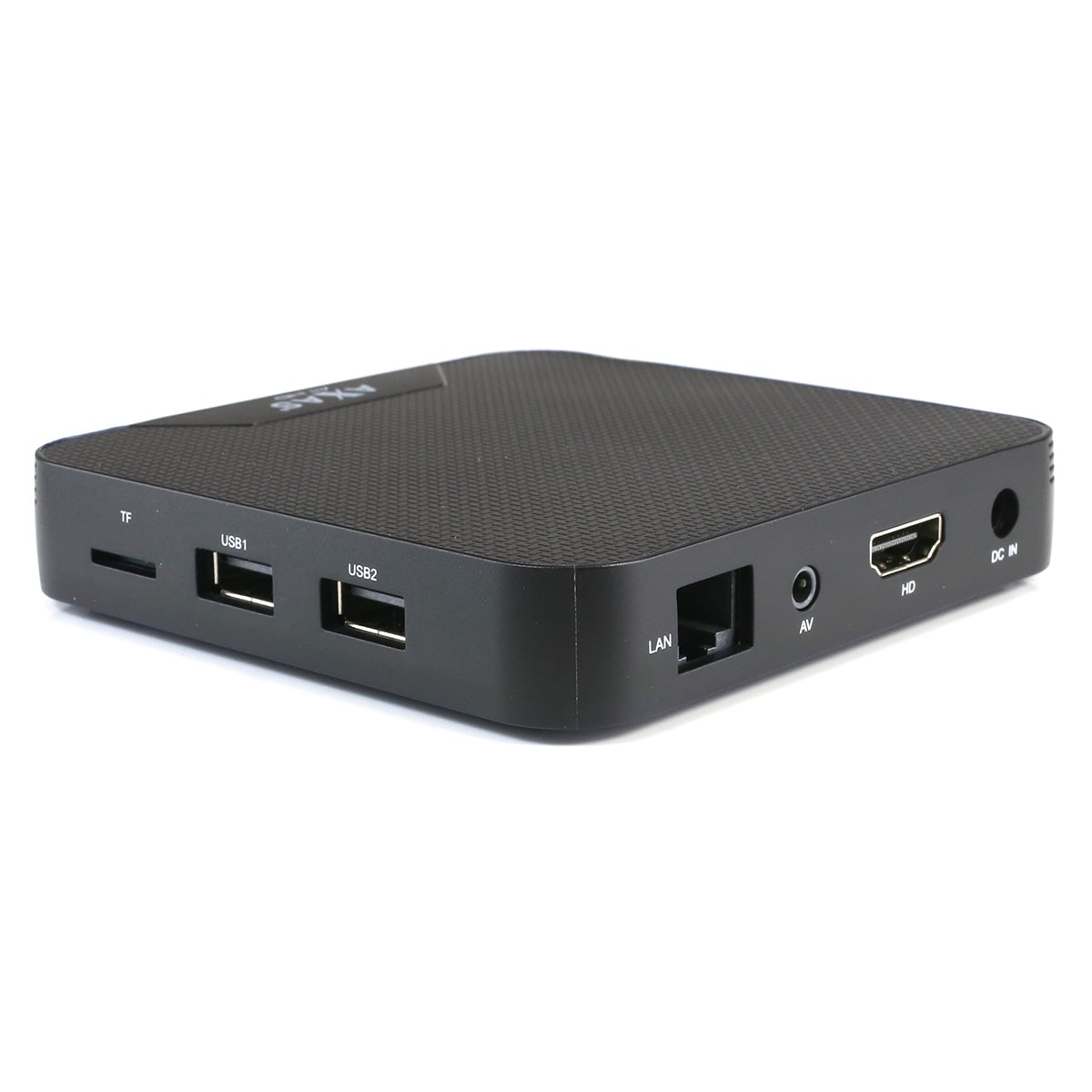 Schwarze TV-Box mit mehreren Anschlüssen auf der Rückseite, vor weißem Hintergrund.