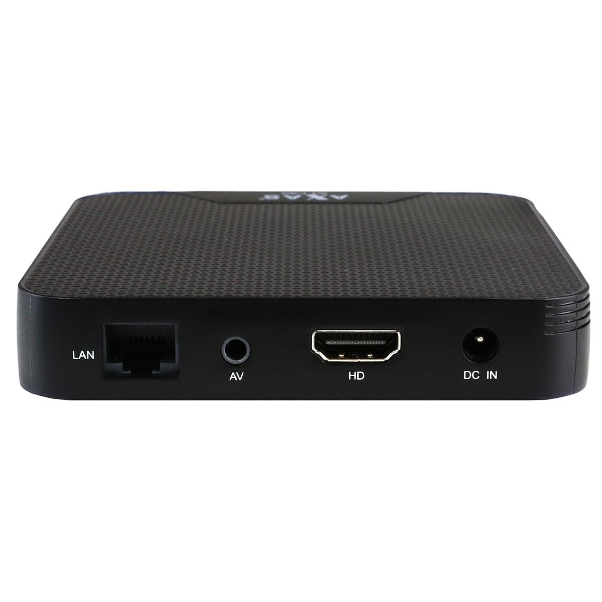 Schwarzer Mediaplayer mit LAN-, AV-, HDMI- und DC-IN-Anschlüssen. AXAS-Etikett oben.