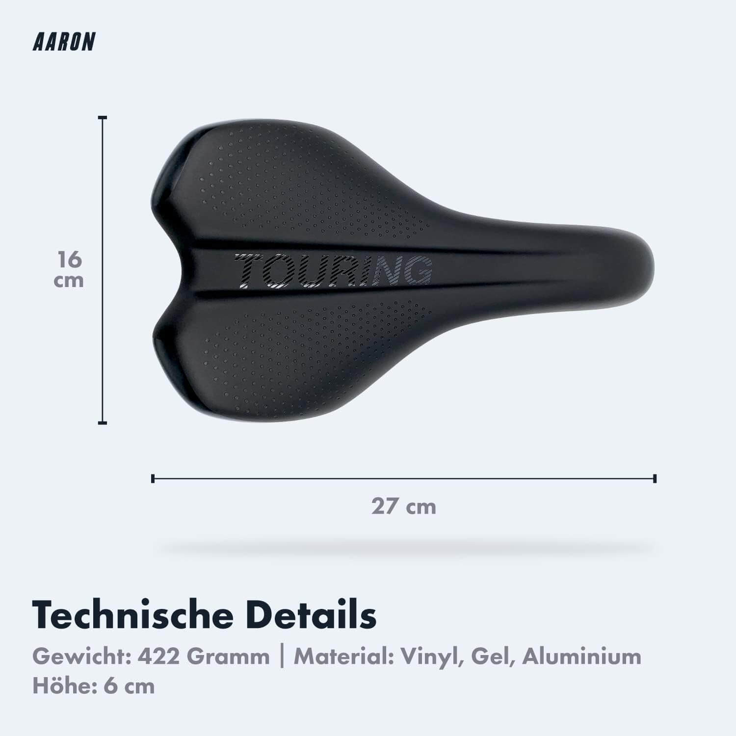 Ein schwarzer Fahrradsattel mit dem Wort 'TOURING', mit Abmessungen in cm.