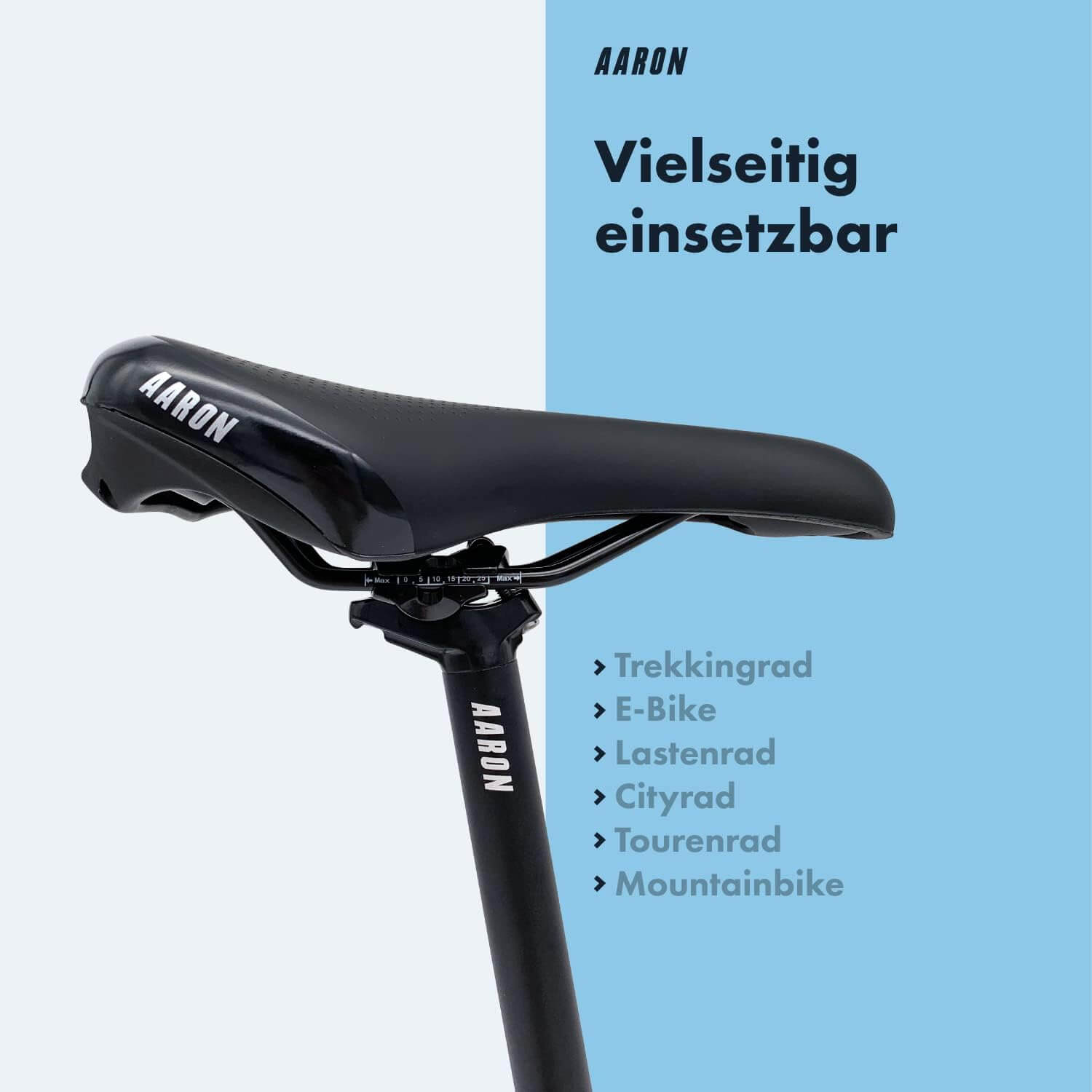 Schwarzer Fahrradsattel auf einer Stange, schräge Ansicht. Text und Grafik auf blauem Grund.