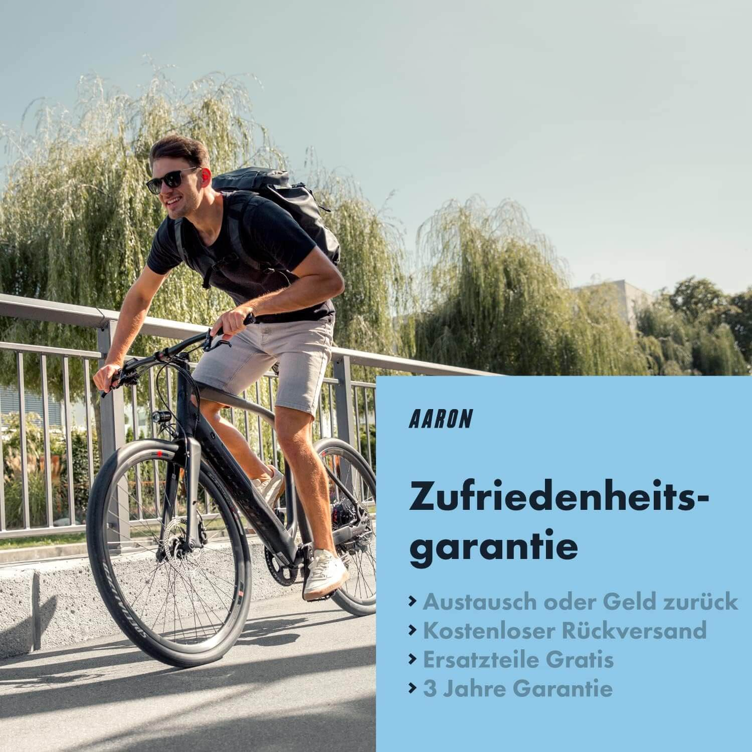 Mann fährt Fahrrad über eine Brücke an einem sonnigen Tag, Text überlagert.