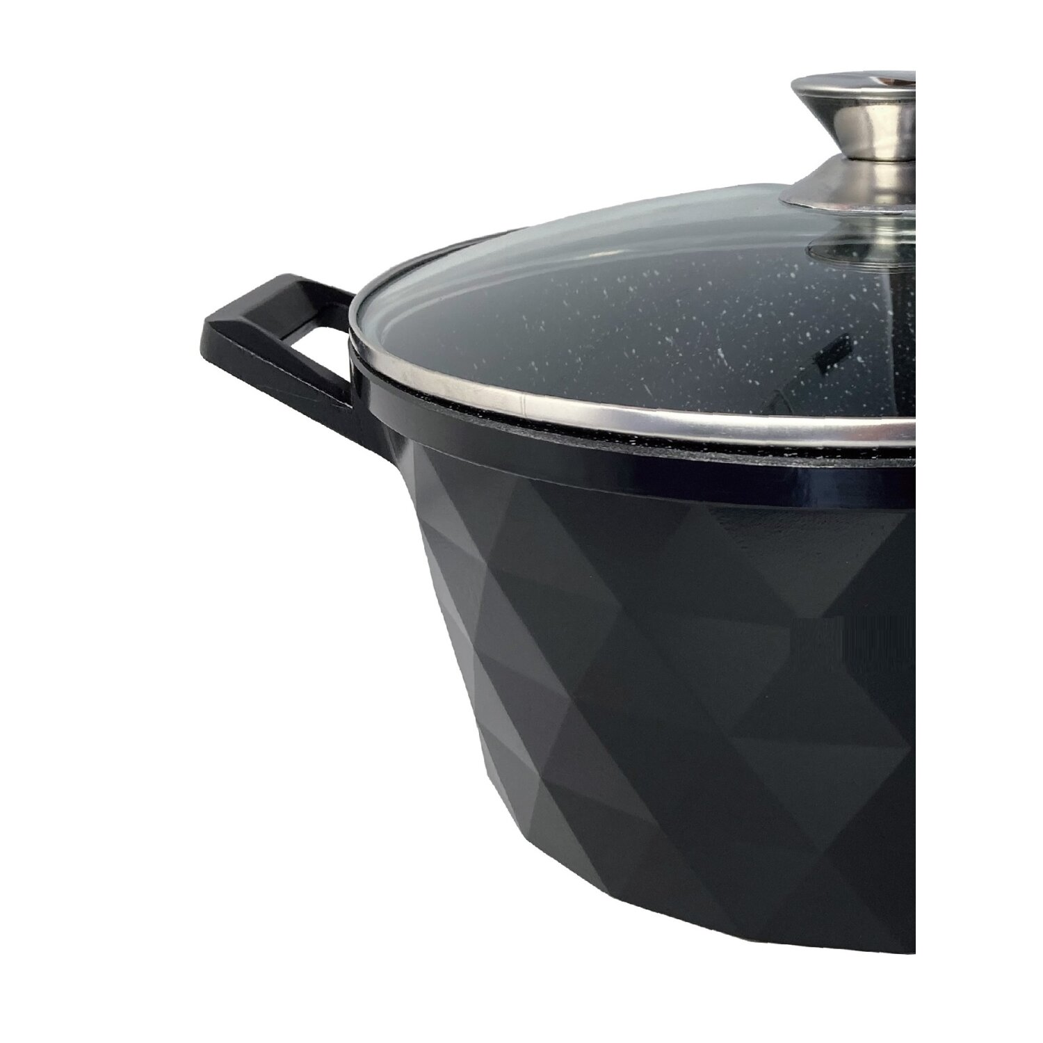 Schwarzer Kochtopf mit Glasdeckel. Der Topf hat ein geometrisches Design und einen Griff.