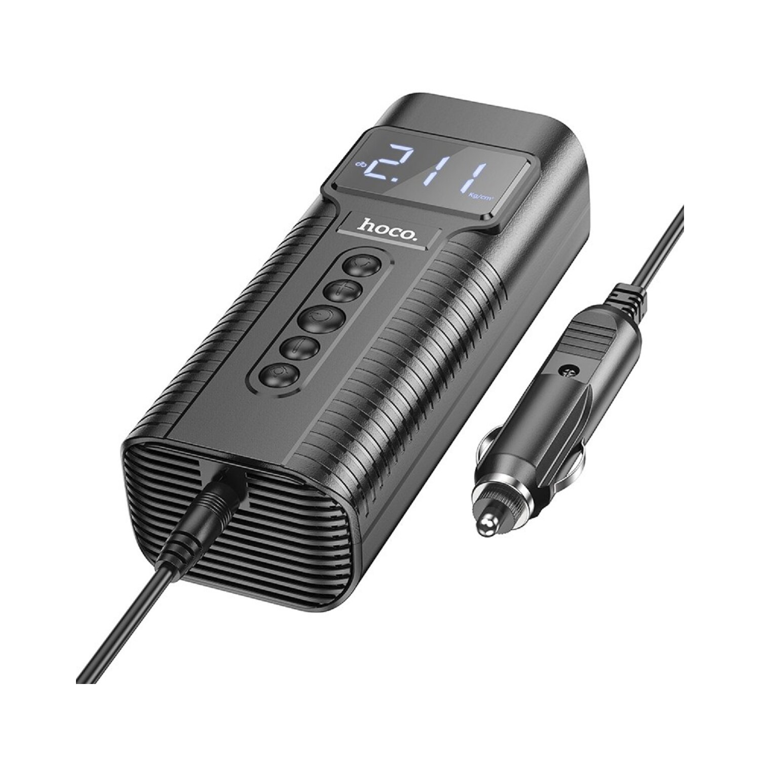 Schwarzer Autoreifenfüller mit Digitalanzeige und Knöpfen, verbunden mit einem Autolade-Stecker.