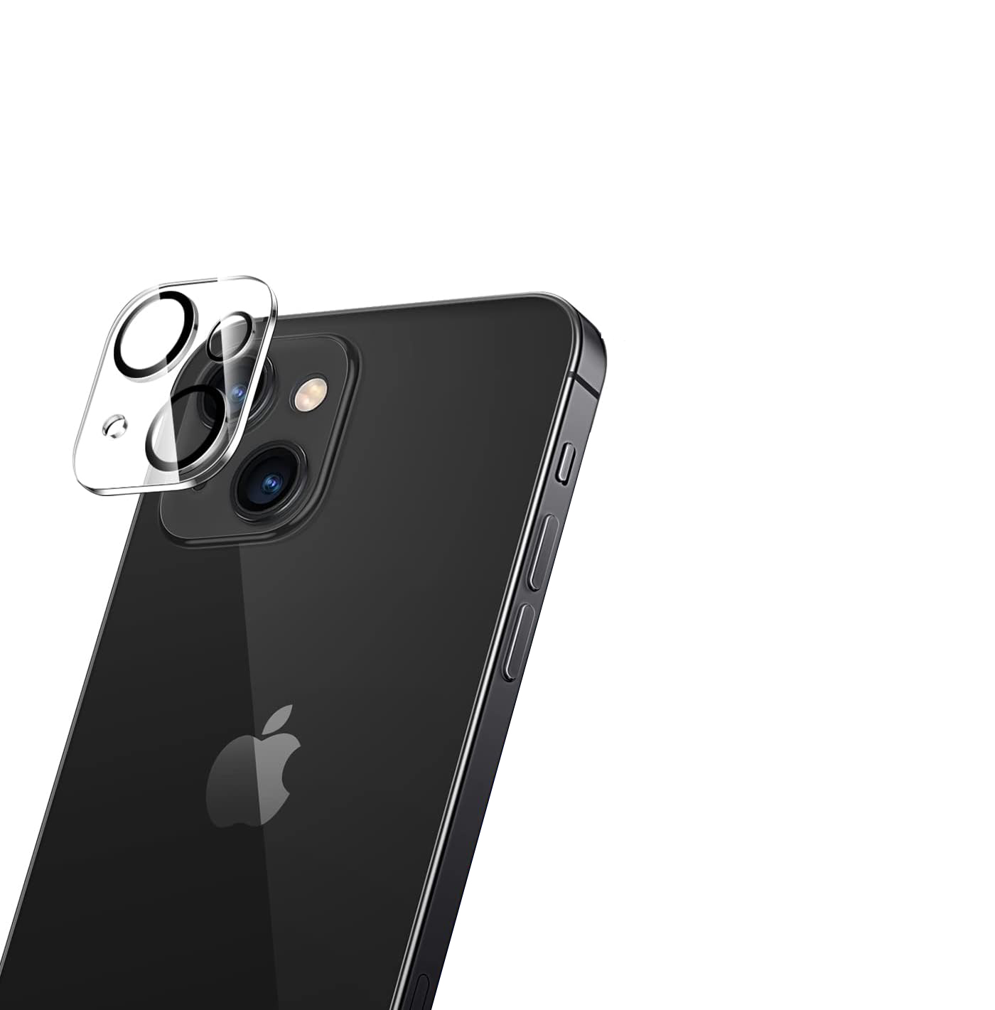 Schwarzes iPhone mit klarem Linsenschutz. Linsenschutz befindet sich auf der Kamera.