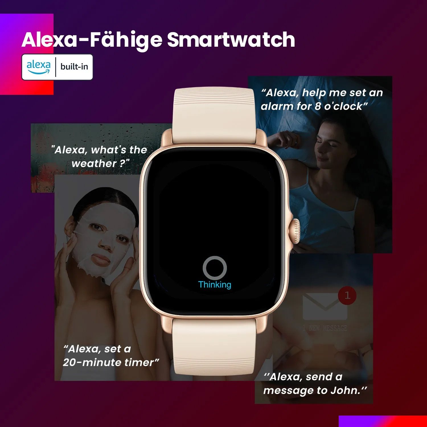 Smartwatch mit Alexa. Bilder zeigen Funktionen: Wetter, Timer und Nachrichten senden. Beige Armband.