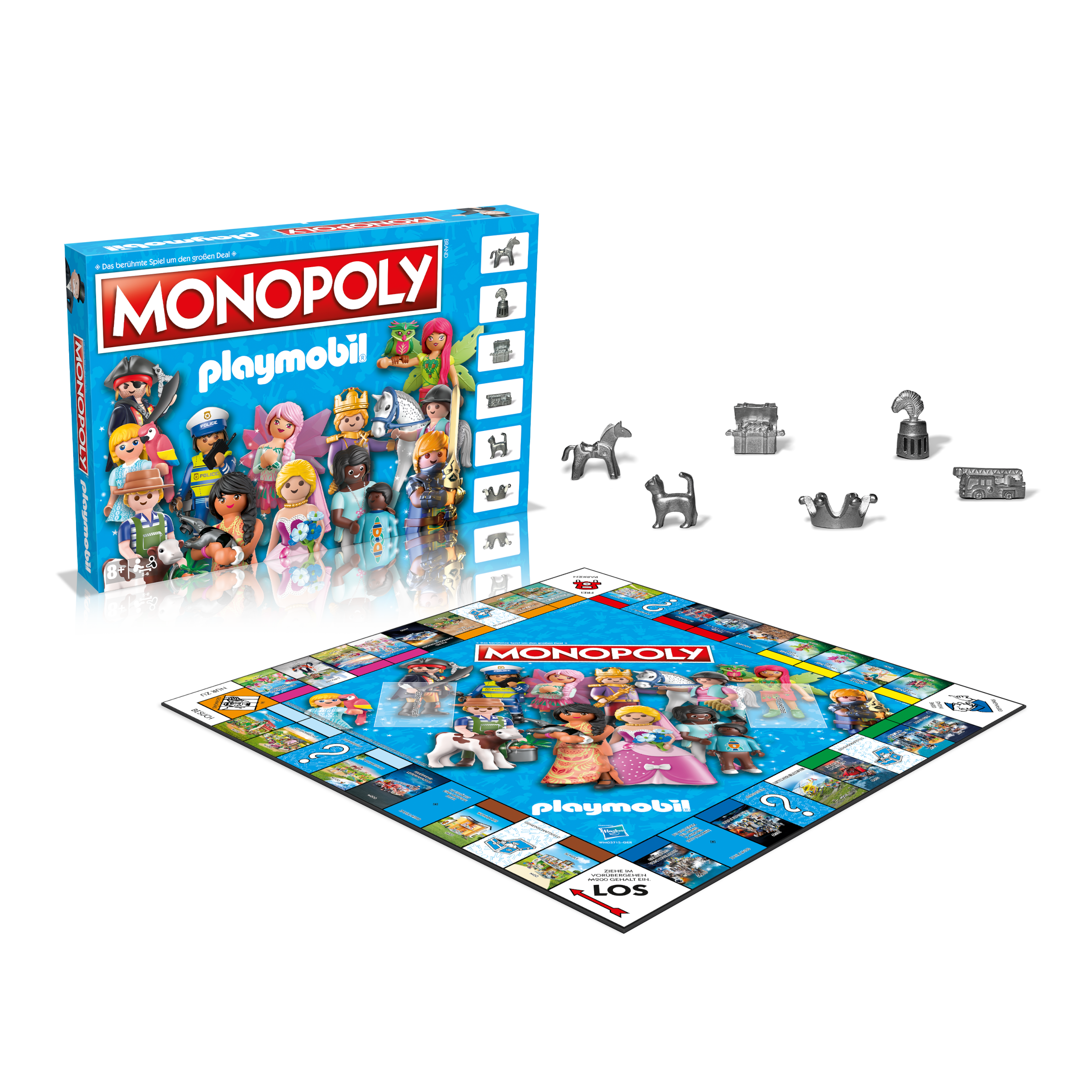 Monopoly Playmobil Spielbox und -brett. Playmobil-Figuren. Weißer Hintergrund.