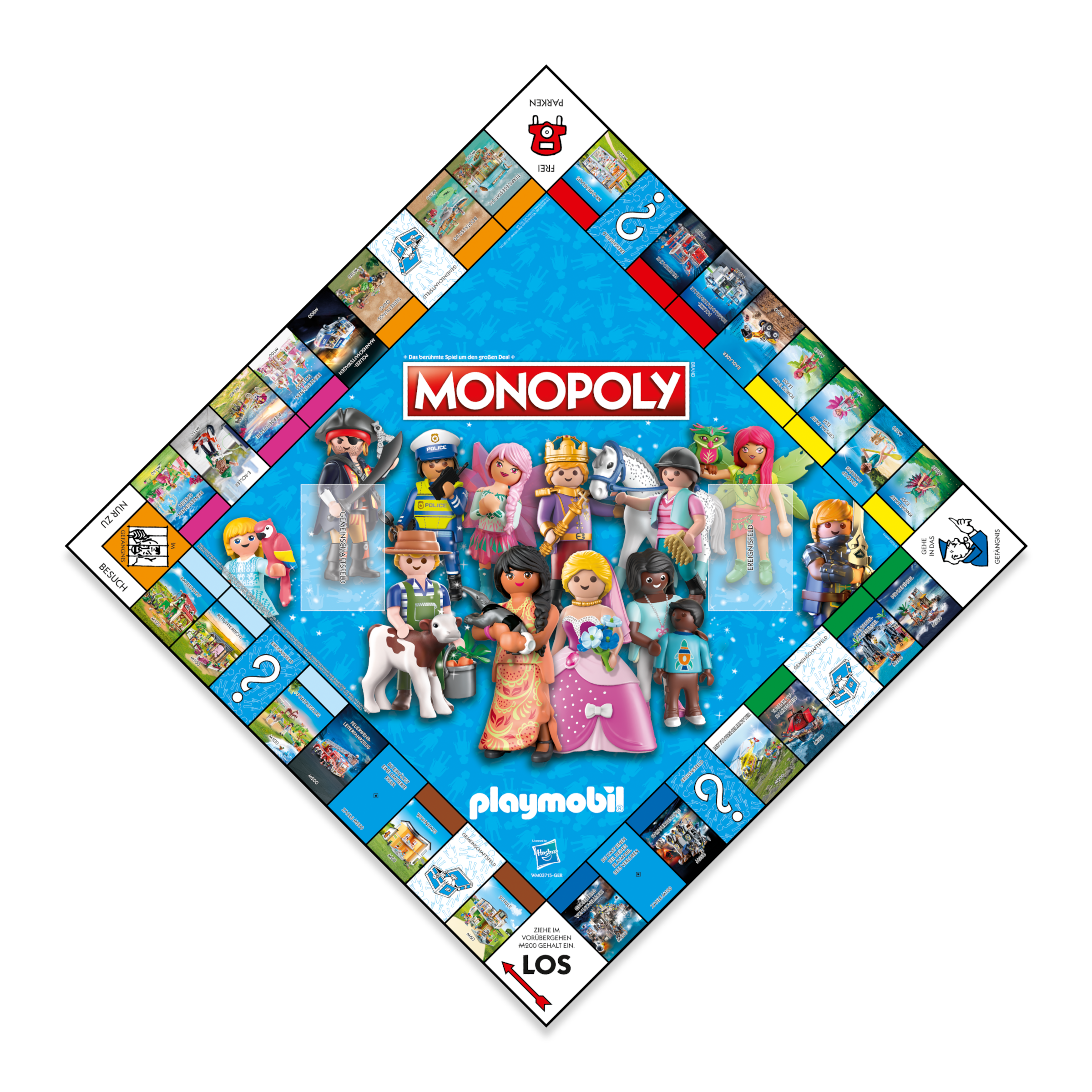 Playmobil Monopoly Brettspiel, Figuren auf schwarzem Hintergrund.