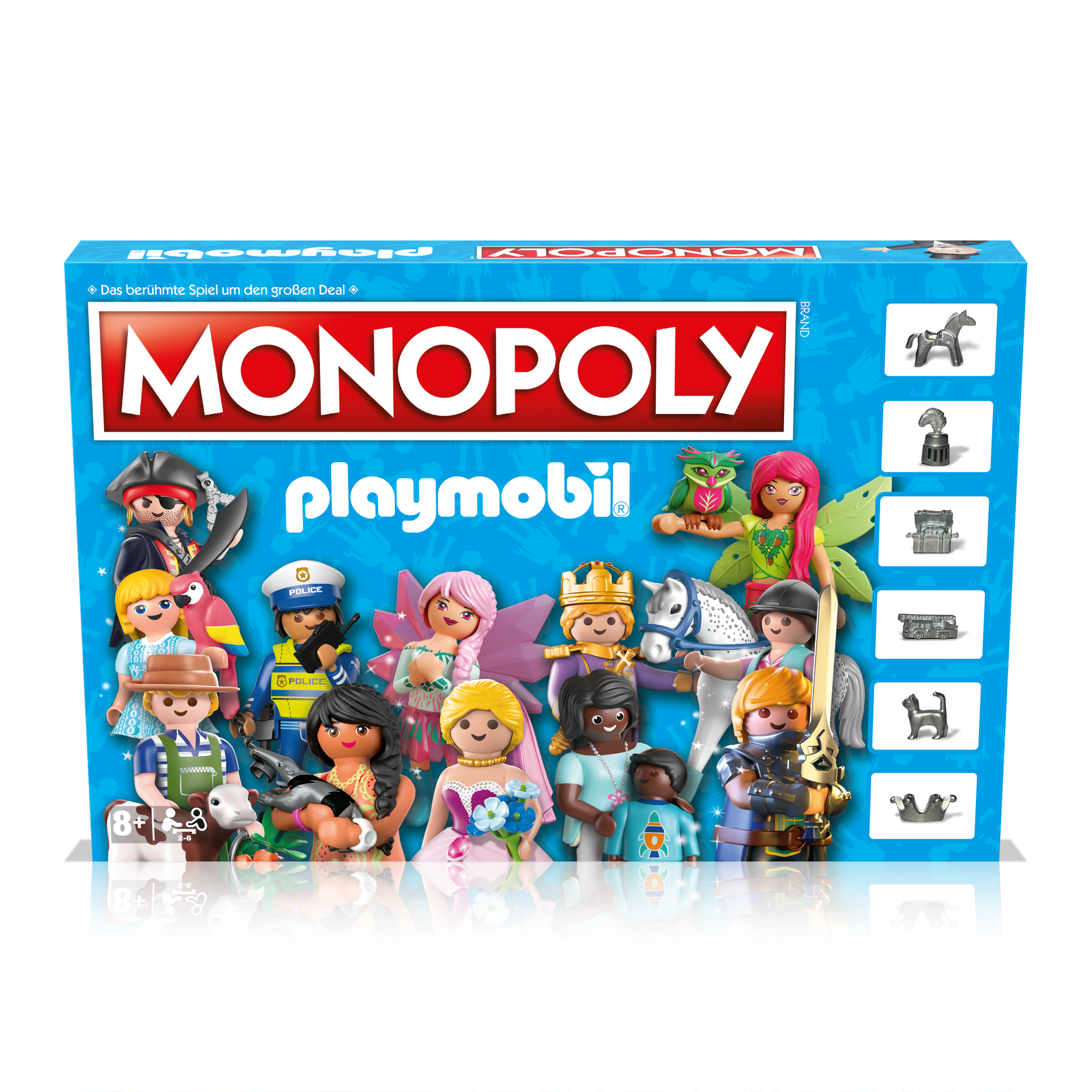 Monopoly-Brettspielbox mit Playmobil-Figuren auf der Vorderseite. Der Monopoly-Text ist groß und rot.