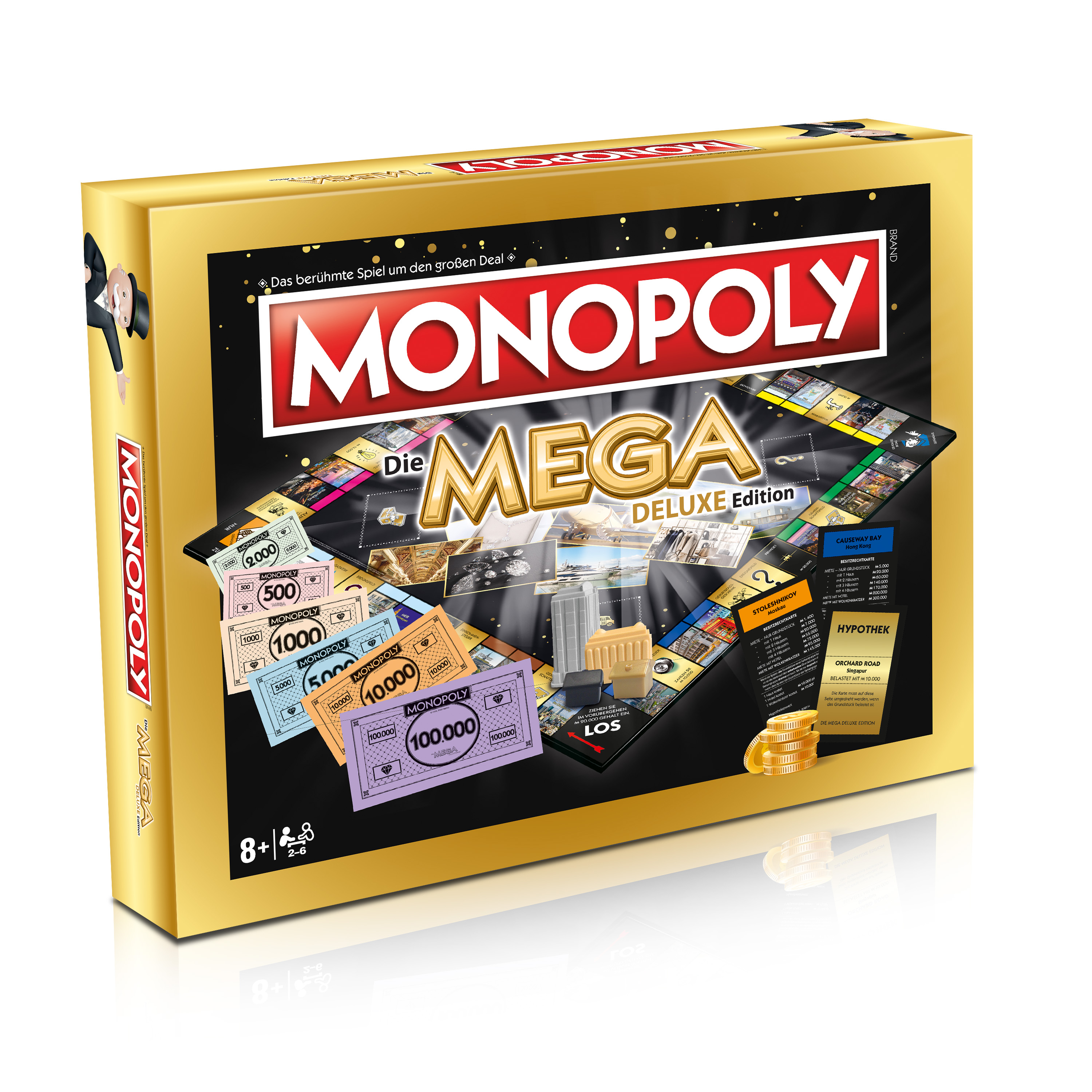 Eine Monopoly Mega Deluxe Edition-Box mit sichtbaren Spielkomponenten.