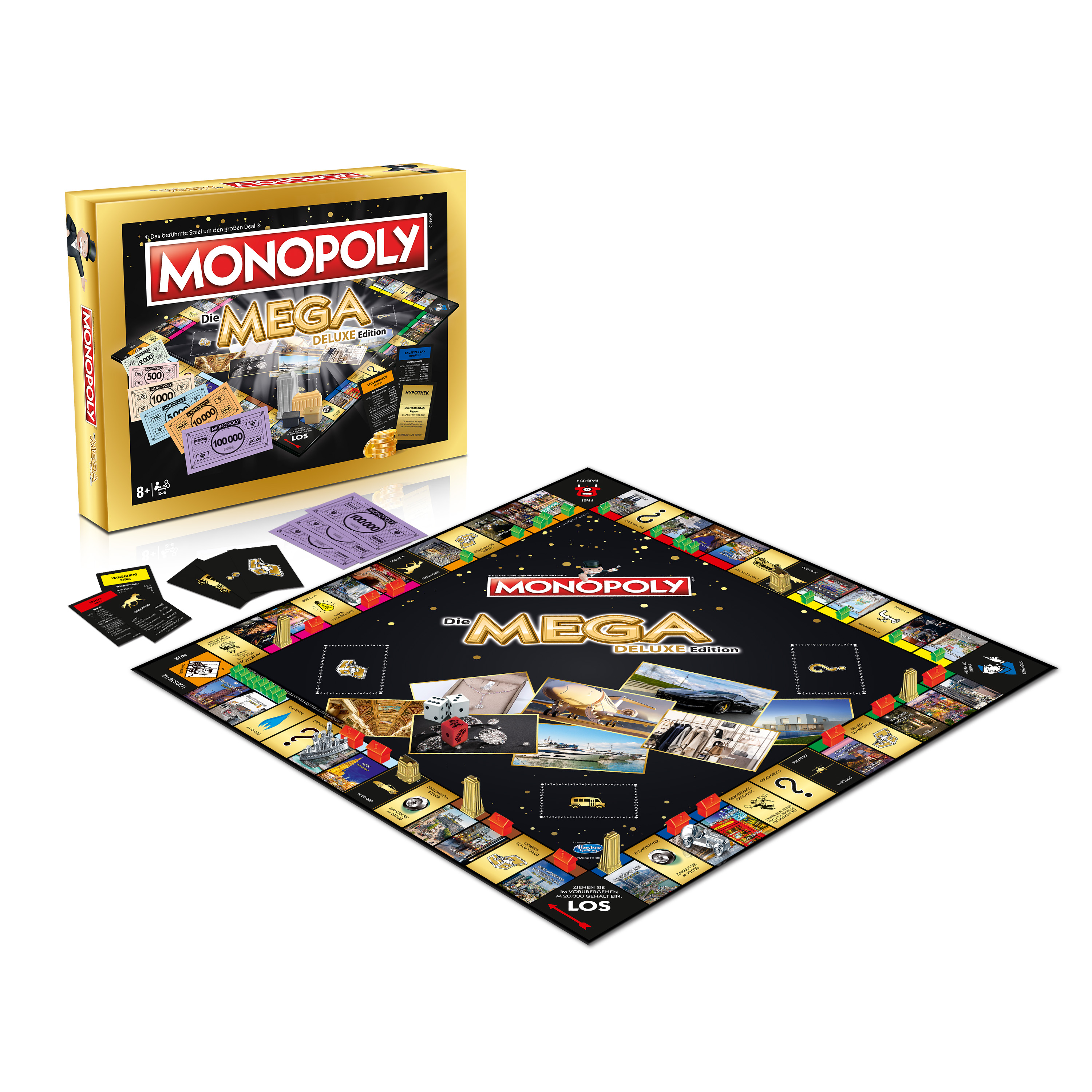 Monopoly-Brettspiel-Set. Enthält eine Box, ein Spielbrett, Karten, Geld und Würfel. Die Box ist goldfarben.