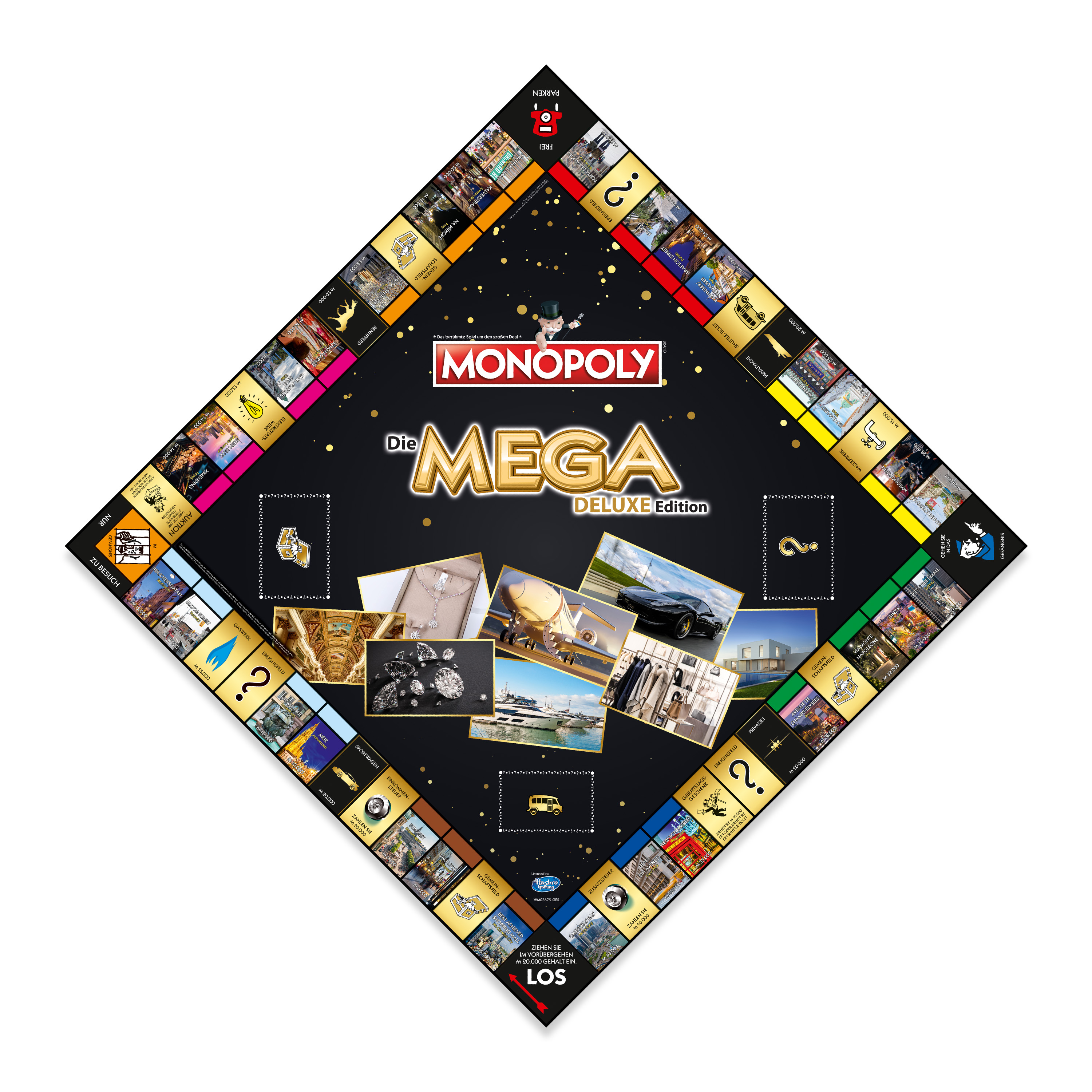 Monopoly Mega Deluxe Edition Brettspiel. Das Brett hat eine Diamantenform.