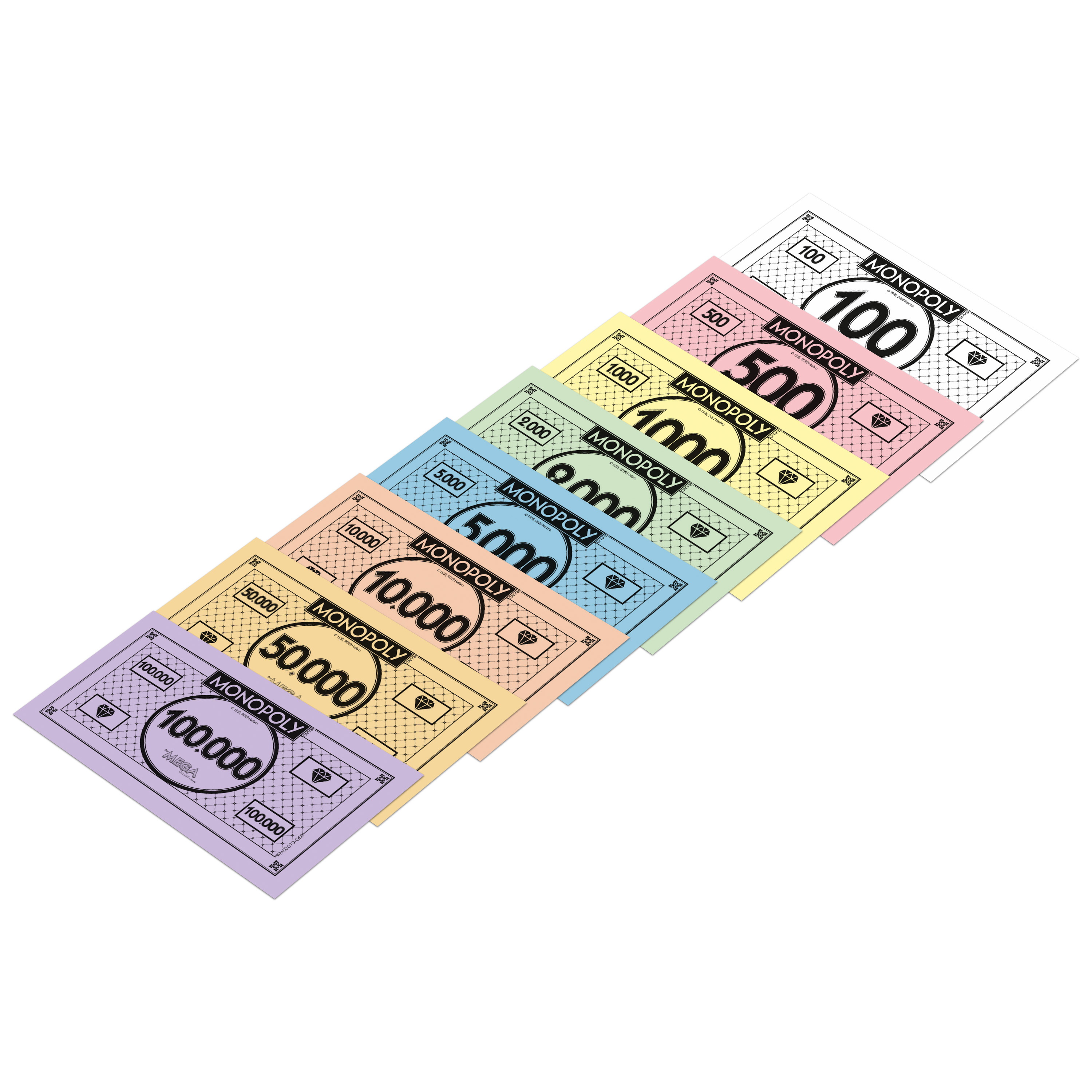 Monopoly-Geld in verschiedenen Stückelungen. Verschiedene Farben, diagonal gestapelt. Weißer HG.