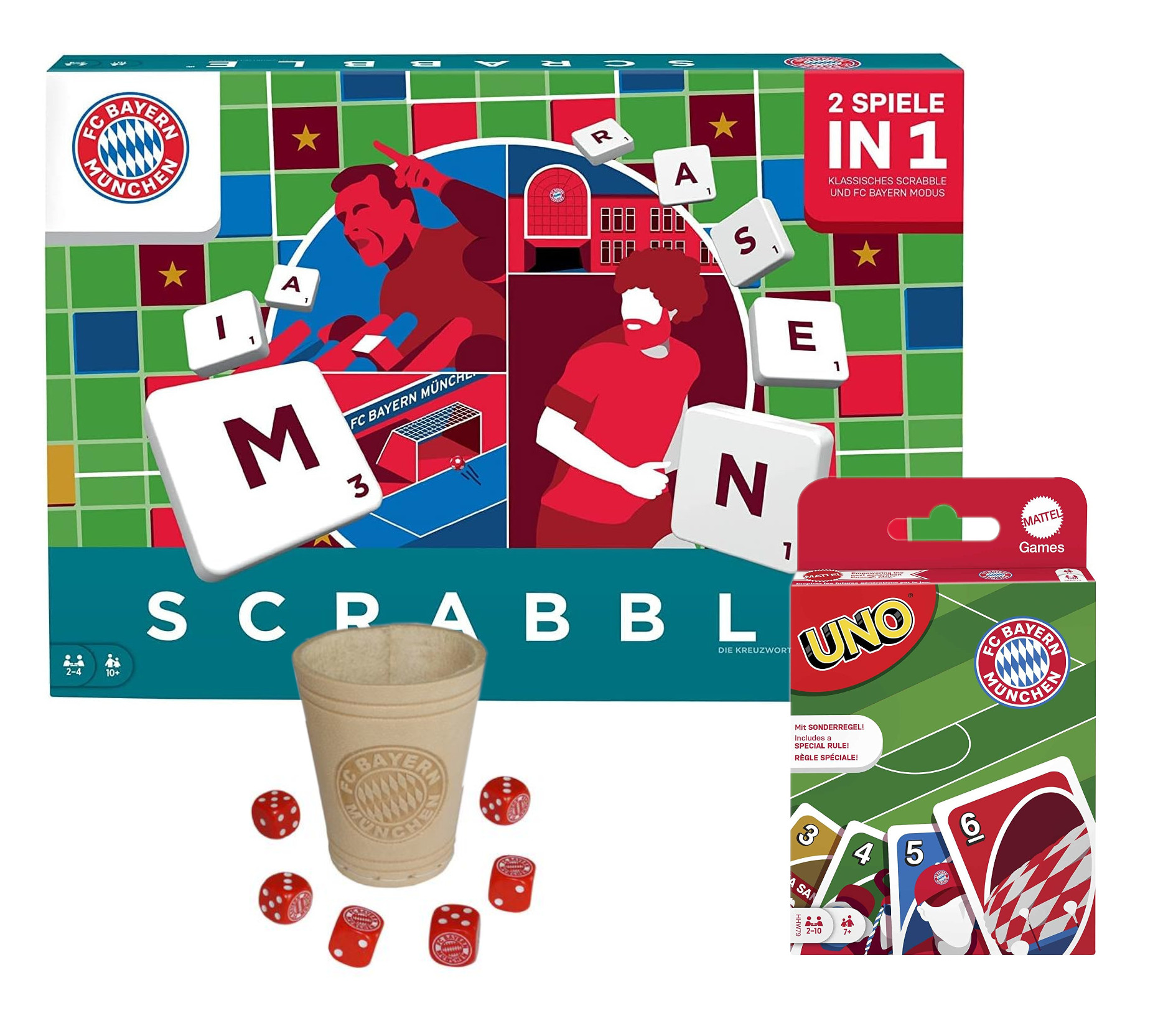 MATTEL Scrabble - FC München & Würfelbecher Brettspiel + UNO Bayern