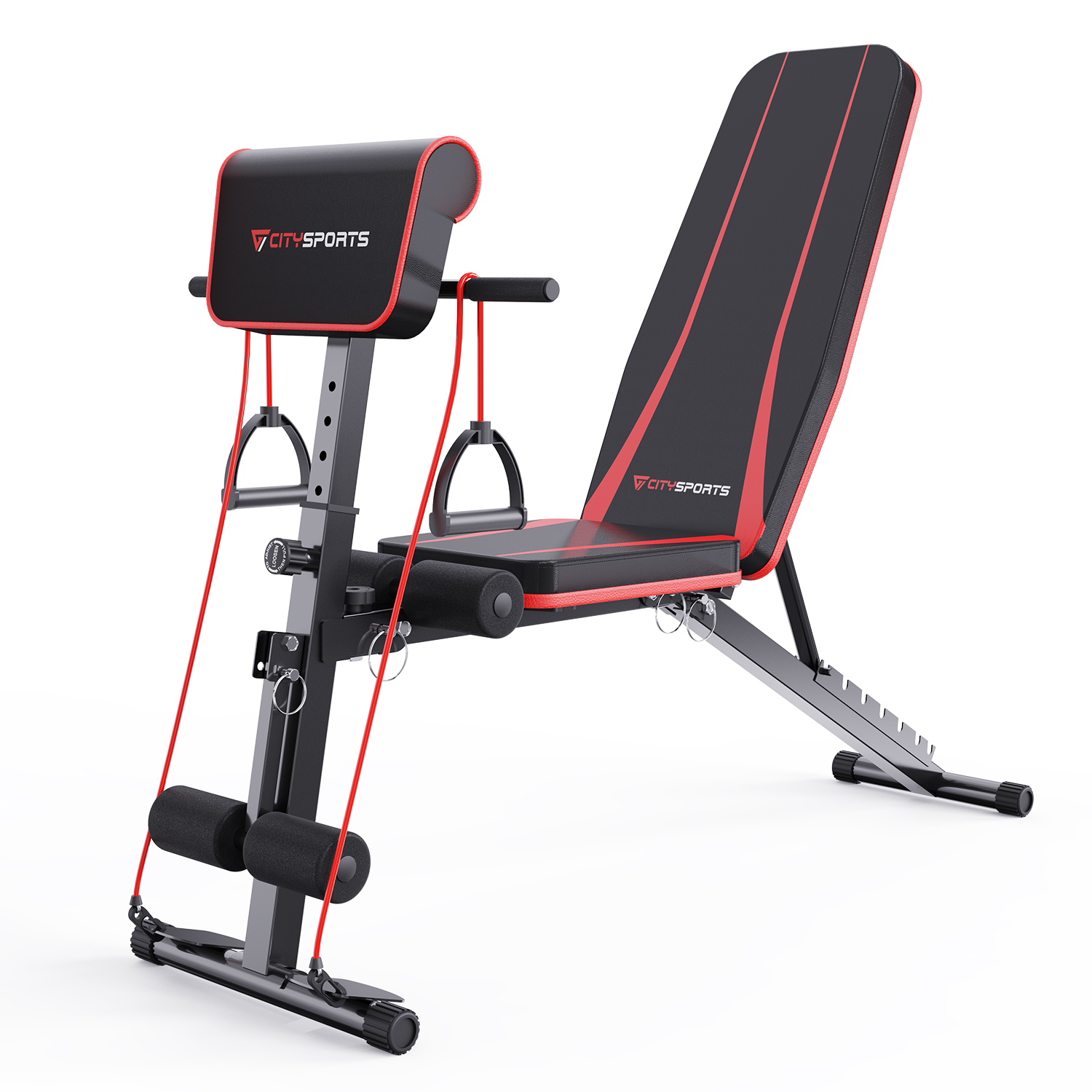 Banco de pesas con detalles rojos. Asiento, respaldo y soportes para piernas negros, con pesas.