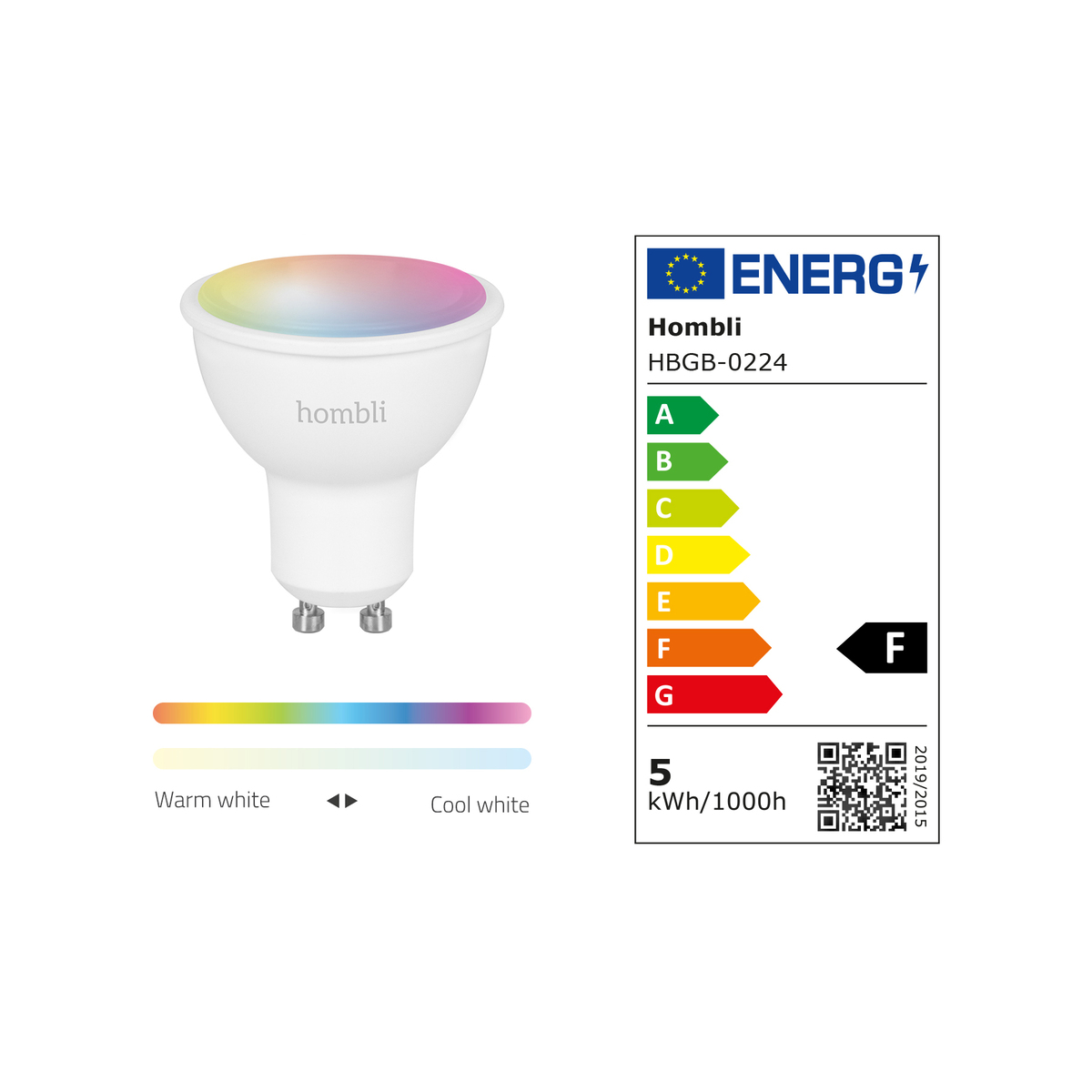 Una lampadina intelligente Homli bianca e arcobaleno con un'etichetta di classificazione energetica. Bianco freddo e caldo.