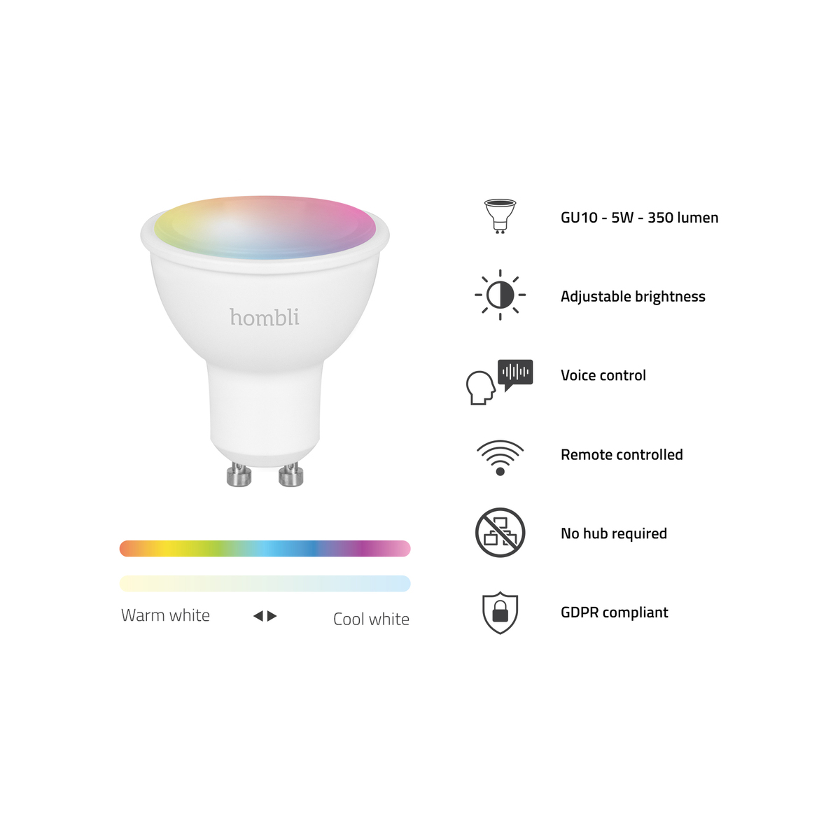 Lampadina intelligente bianca con indicatore di gamma colori e icone funzioni. Su superficie bianca.