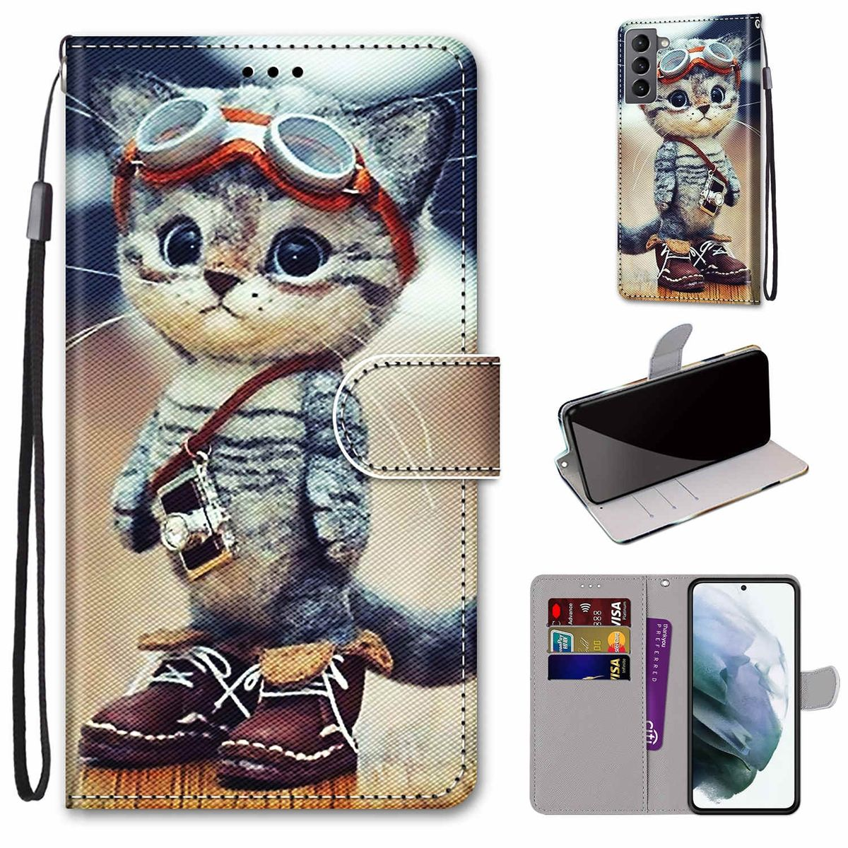 mit Schutz Muster Fach, Bookcover, Druck Samsung Design Tasche WIGENTO Motiv mit Galaxy G, Weiß S22 Kreditkarten 5G,