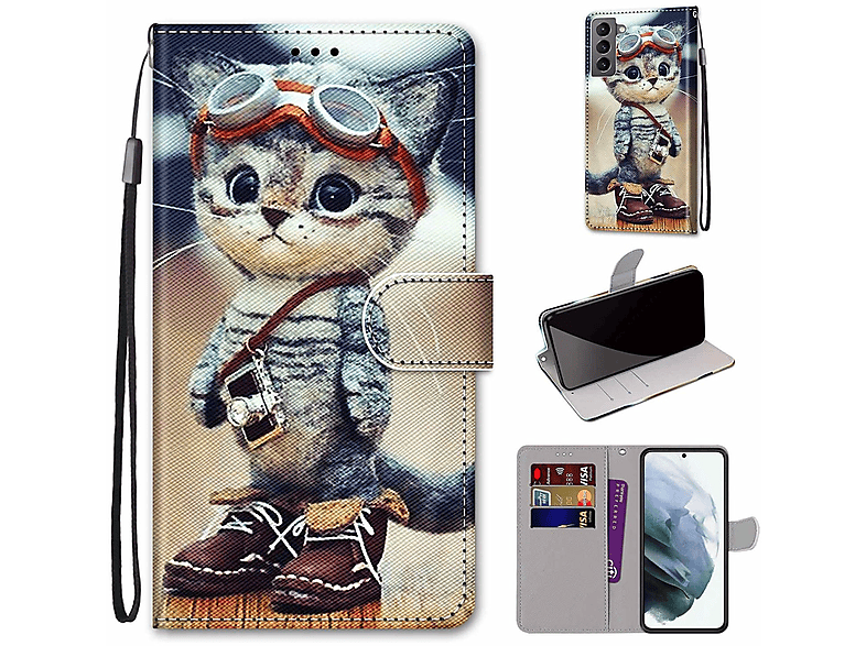 WIGENTO Design Fach, Weiß Druck G, 5G, Galaxy S22 Samsung Muster Bookcover, Kreditkarten mit Tasche Motiv mit Schutz