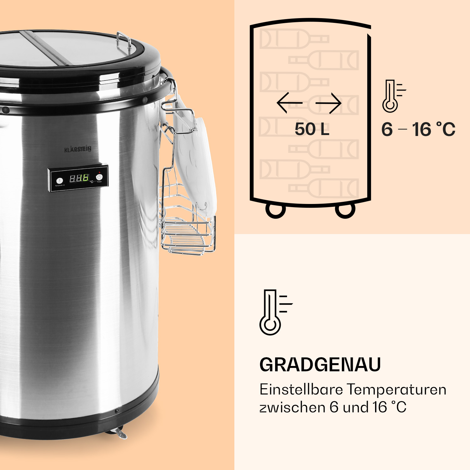 Edelstahl-Getränkekühler mit Digitalanzeige. Eine Grafik zeigt die Flaschenplatzierung.