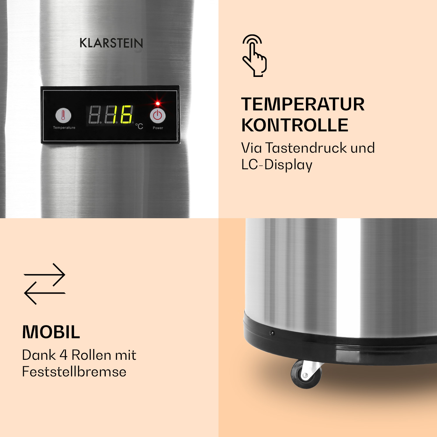 Edelstahlkühler mit digitaler Temperaturanzeige und Rollen, mit deutschem Text.