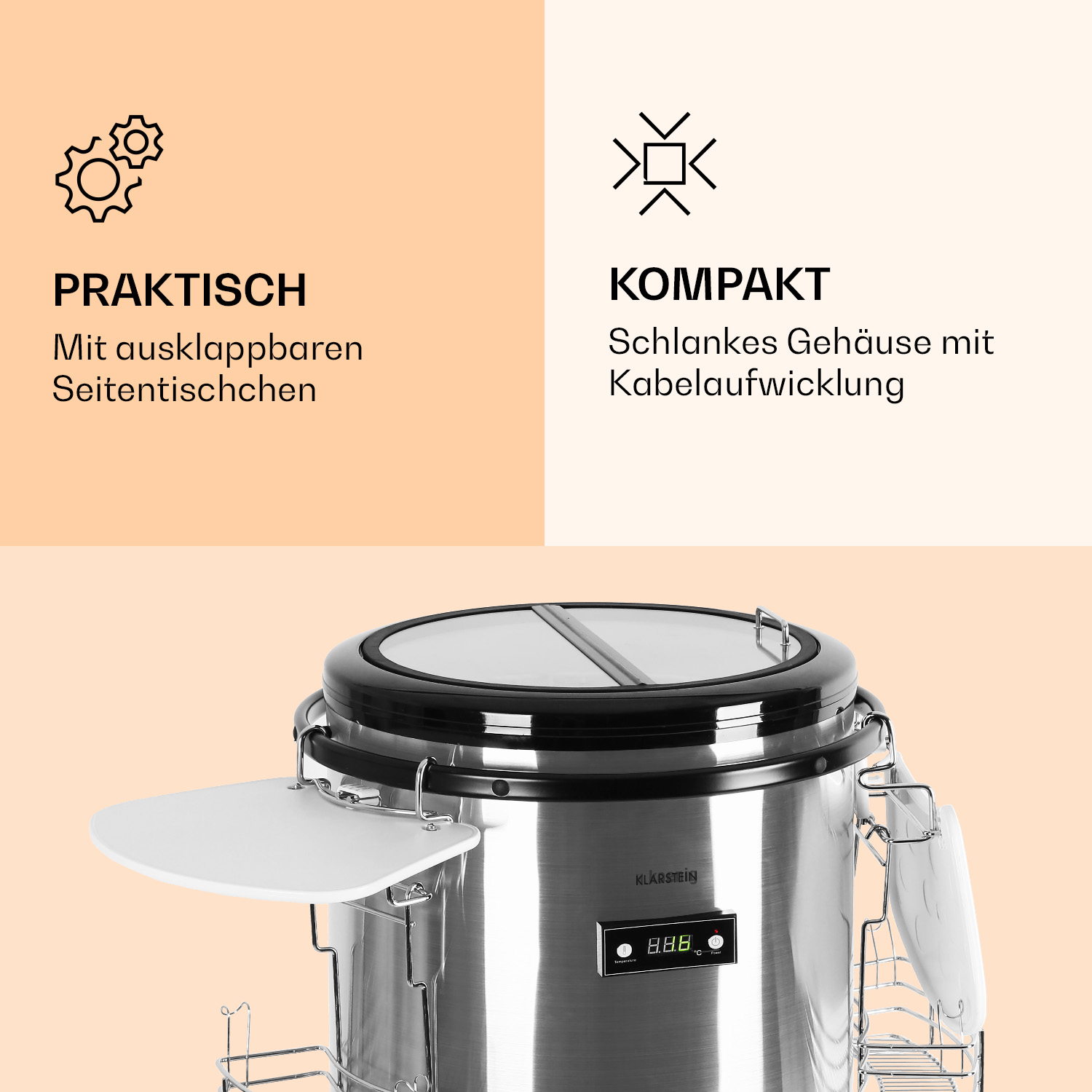 Behälter aus Edelstahl mit Display, einem Beistelltisch und Symbolen.