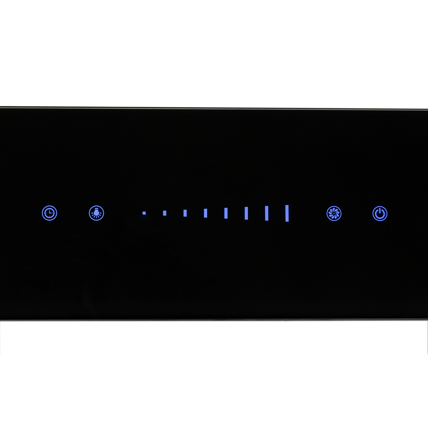 Pannello touch nero con luci blu, che mostra varie icone.