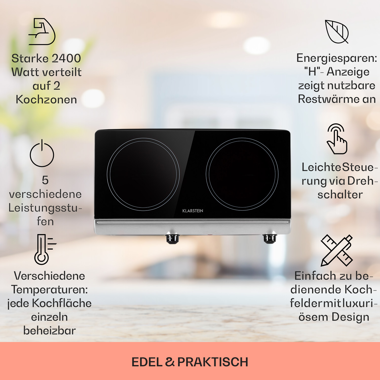 Un piano cottura nero e in vetro con due zone di cottura, con diverse icone ed etichette di testo.