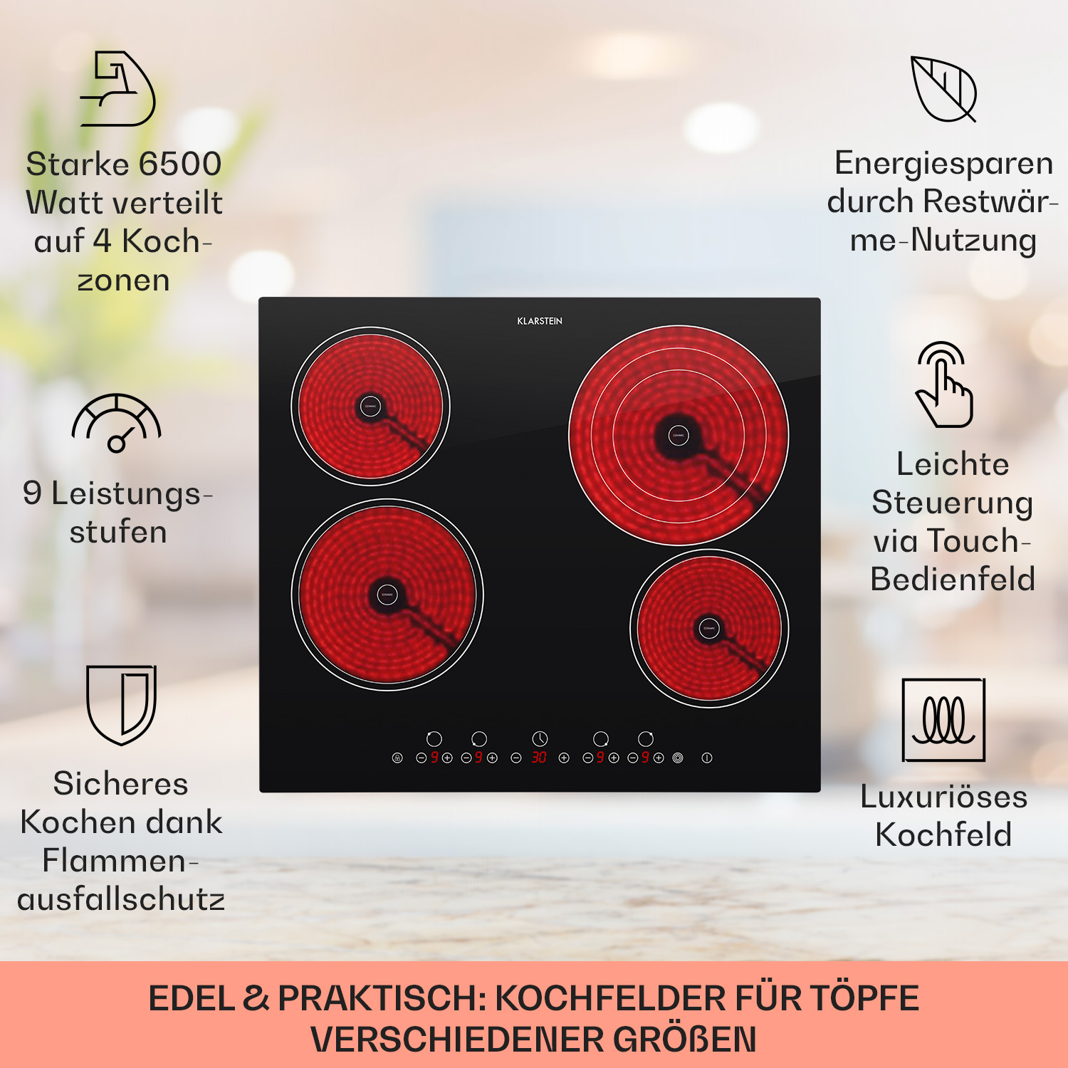 Schwarzes Kochfeld mit roten Heizelementen und Bedienfeld. Glänzend, modernes Design.