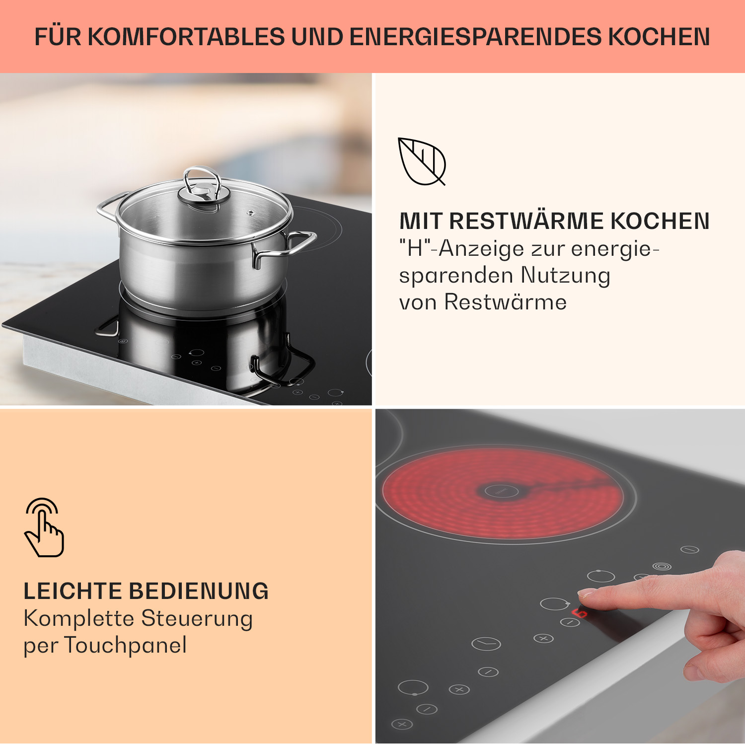 Nahaufnahme eines schwarzen Kochfelds mit einem Topf und einer Hand, die einen Knopf drückt.