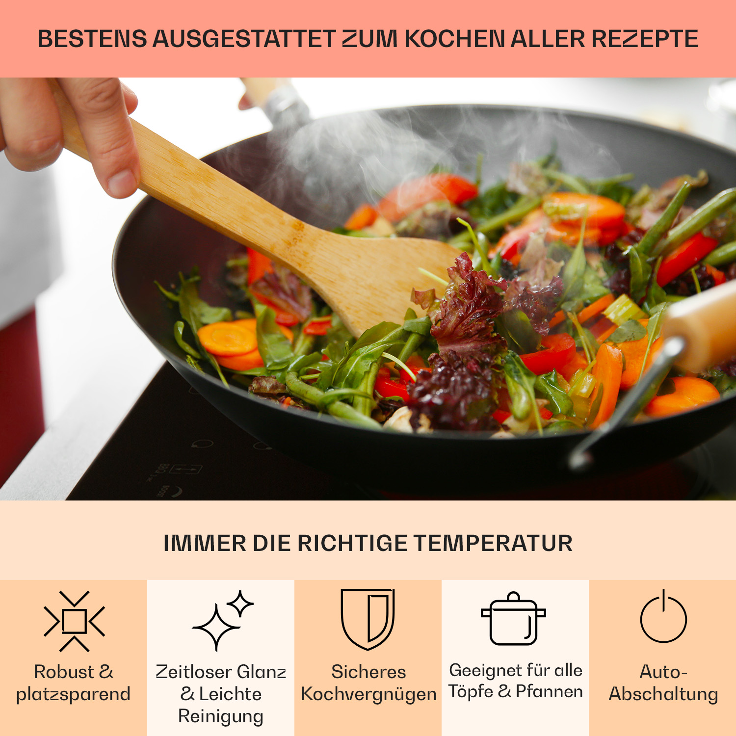 Una persona cucina in una padella, con verdure. Testo e icone sono nella parte inferiore dell'immagine.