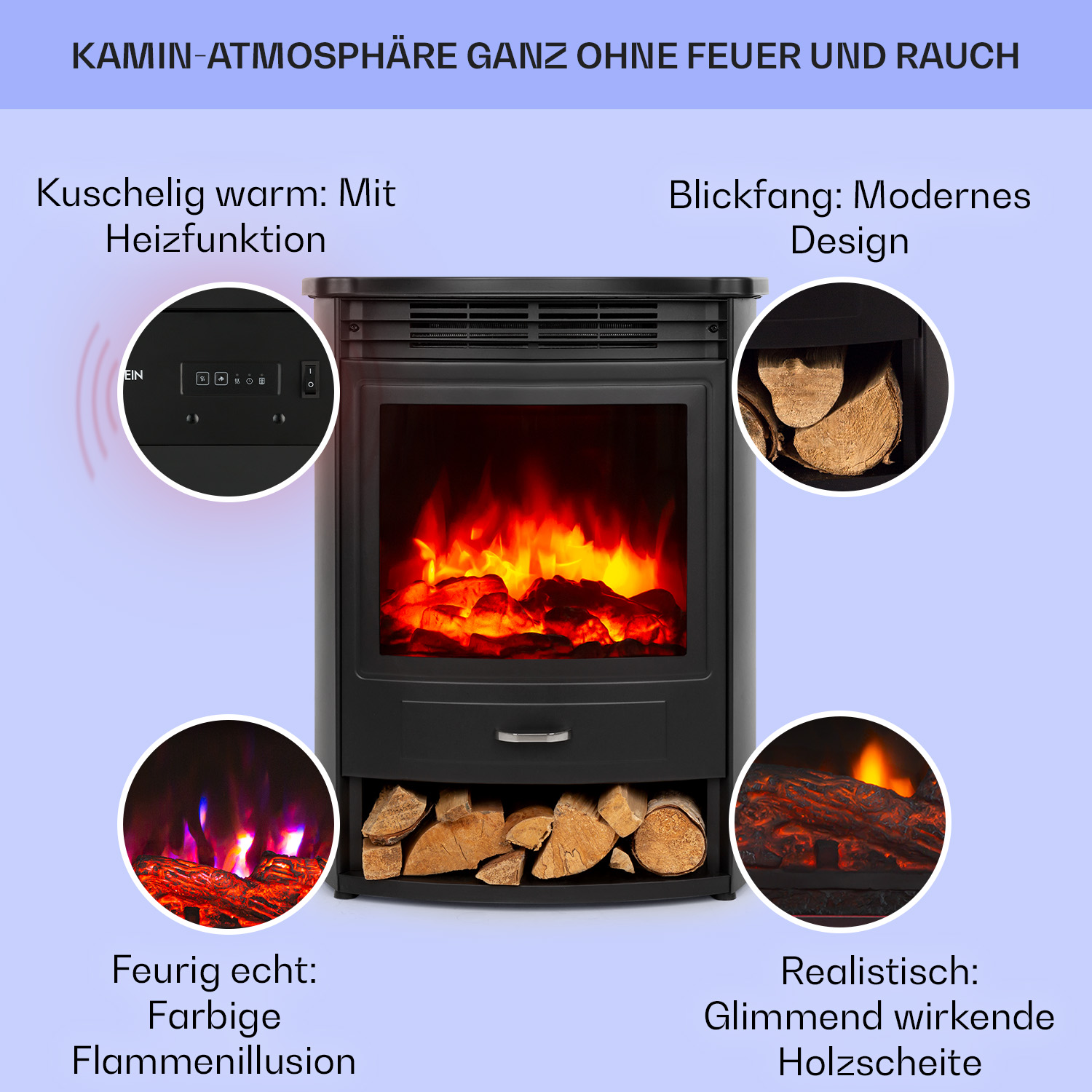 Ein elektrischer Kamin mit Feuer und Holzscheiten. Er hat ein Bedienfeld, ist schwarz und hat eine Schublade.