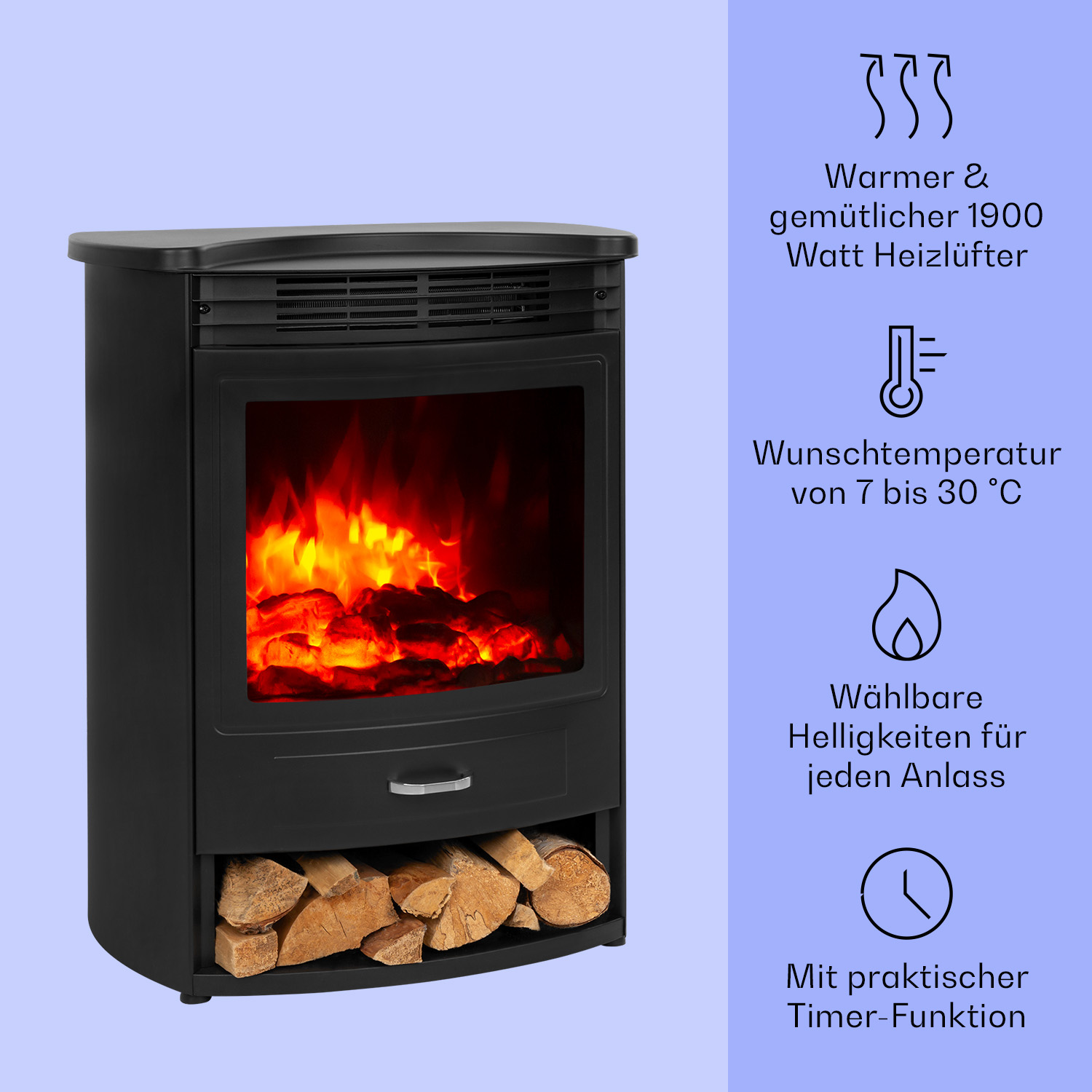 Schwarzer Elektrokamin mit Holzscheiten und Flammendarstellung. Text beschreibt Funktionen.