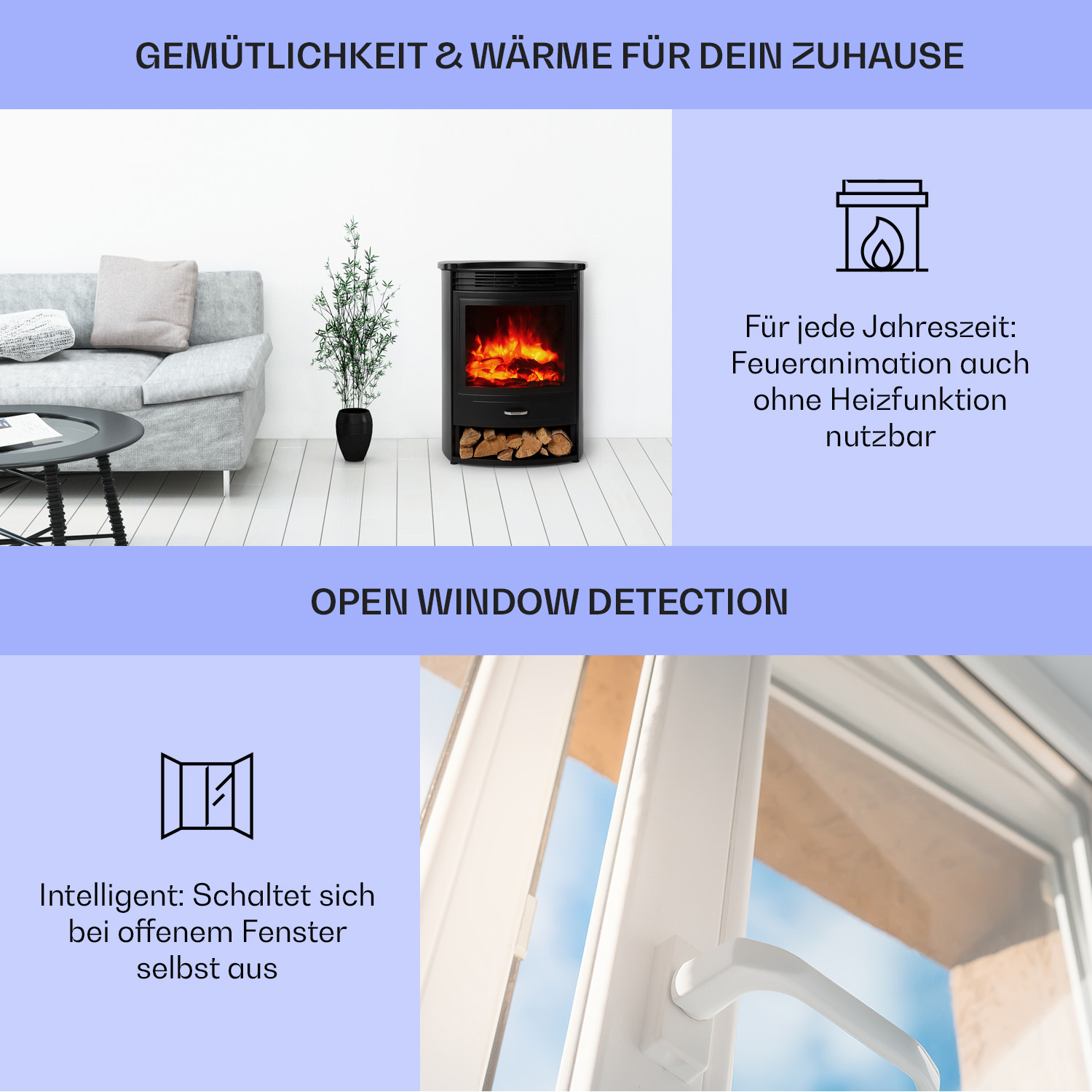 Ein Bild mit Text, einem Kamin und Icons über Komfort und Fenstererkennung.