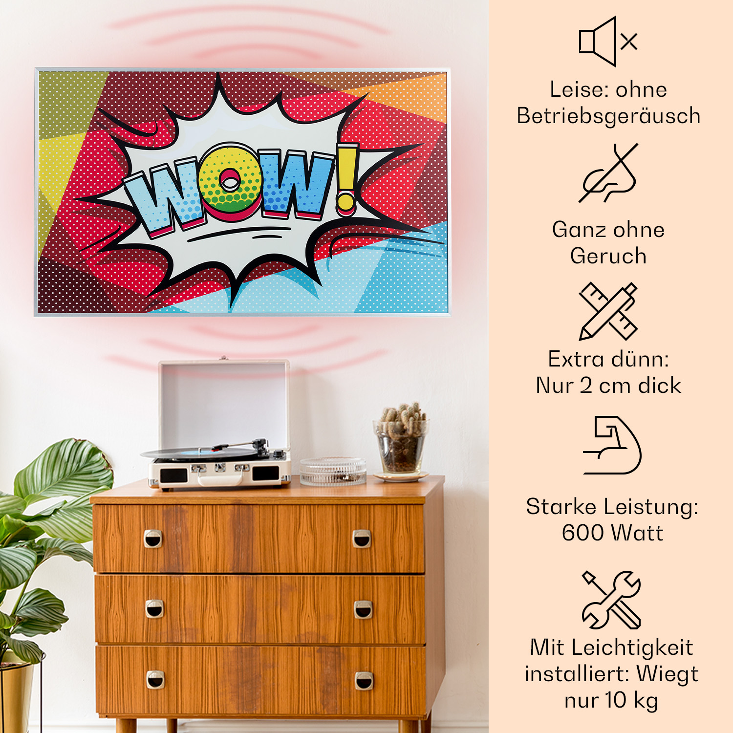 Vintage-Schrank mit Pop-Art-Bild darüber und deutschem Text.