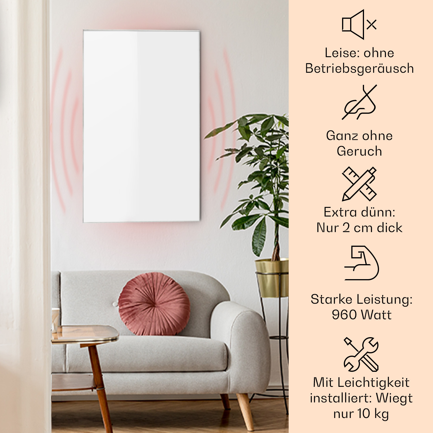 Weißer Wandheizkörper. Rote Wellenlinien zeigen Wärme an. Text beschreibt Merkmale: kein Lärm, kein Geruch, dünn, 960 Watt, 10 kg.