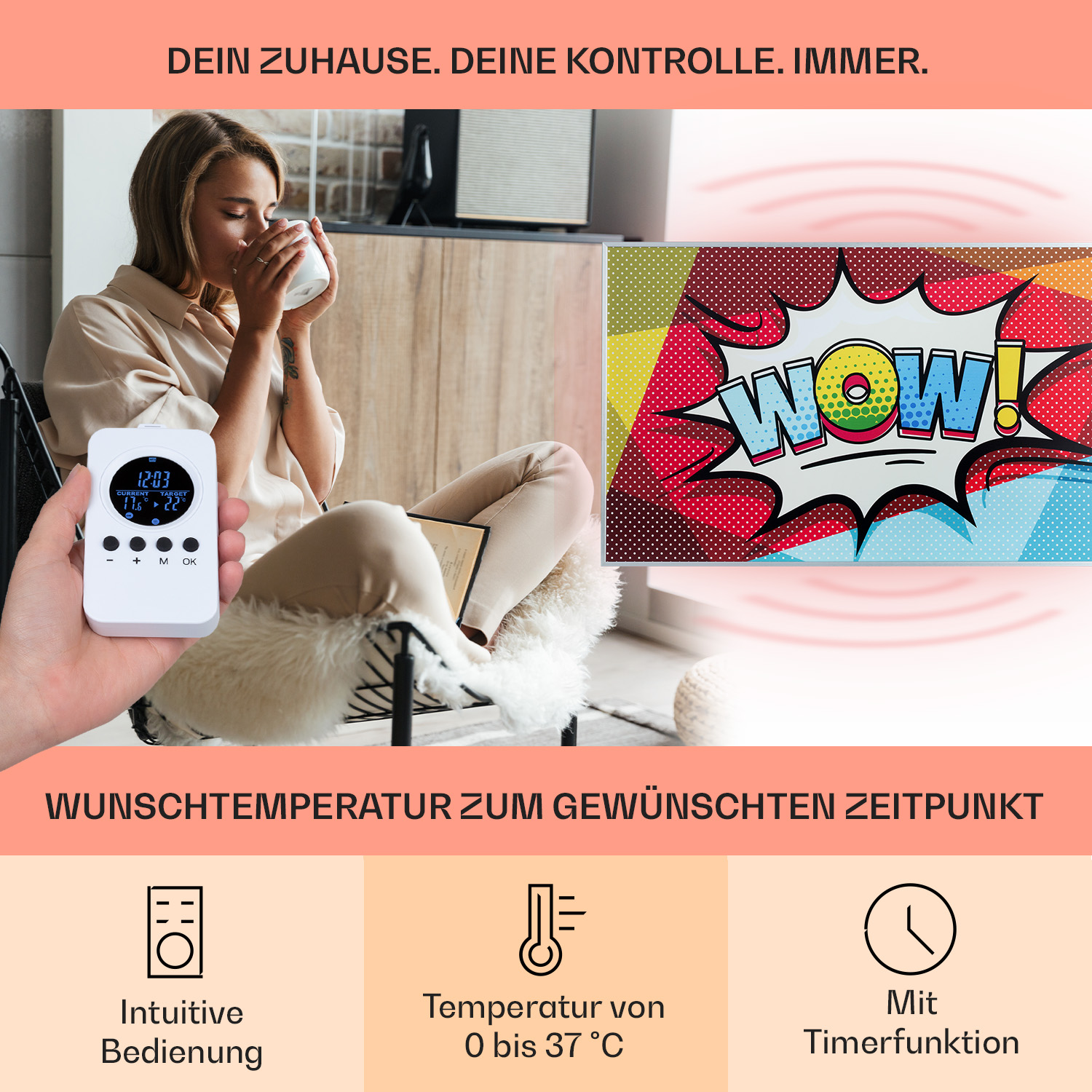 Frau hält Fernbedienung, Text und Grafiken zur Temperaturregelung.