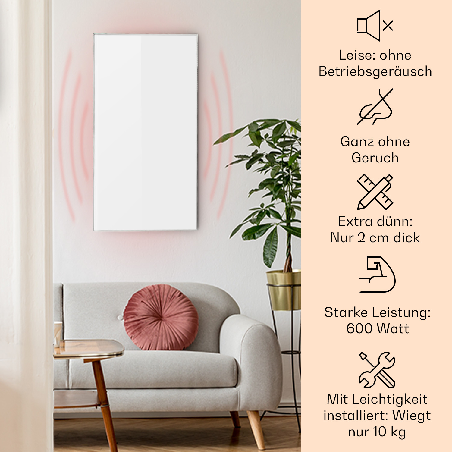 Ein weißer Paneelheizkörper an einer Wand mit Sofa und Pflanze, mit Symbolen, die Produkteigenschaften detaillieren.