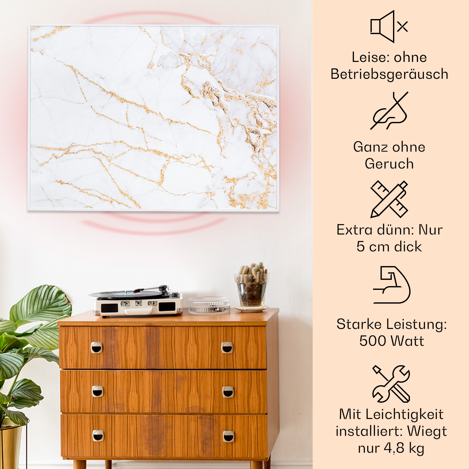 Weißer Heizkörper mit goldenem Marmordesign, Text und einem Raum im Vintage-Stil.