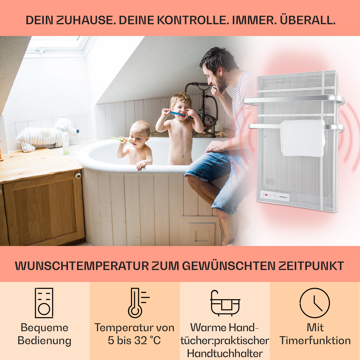 Mann und Kinder im Bad, der Mann putzt sich die Zähne. Ein Heizgerät ist rechts.