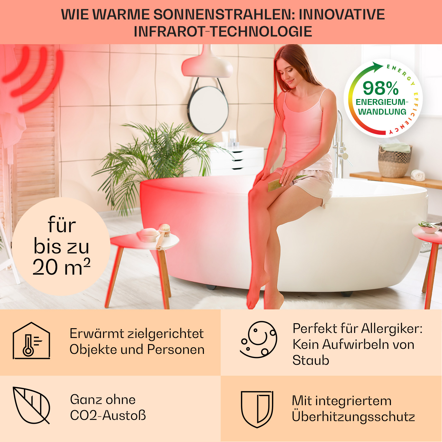 Frau in rosa Tanktop, in einem Badezimmer mit rotem Licht. Weiße Wanne, Spiegel und Pflanzen im Hintergrund.