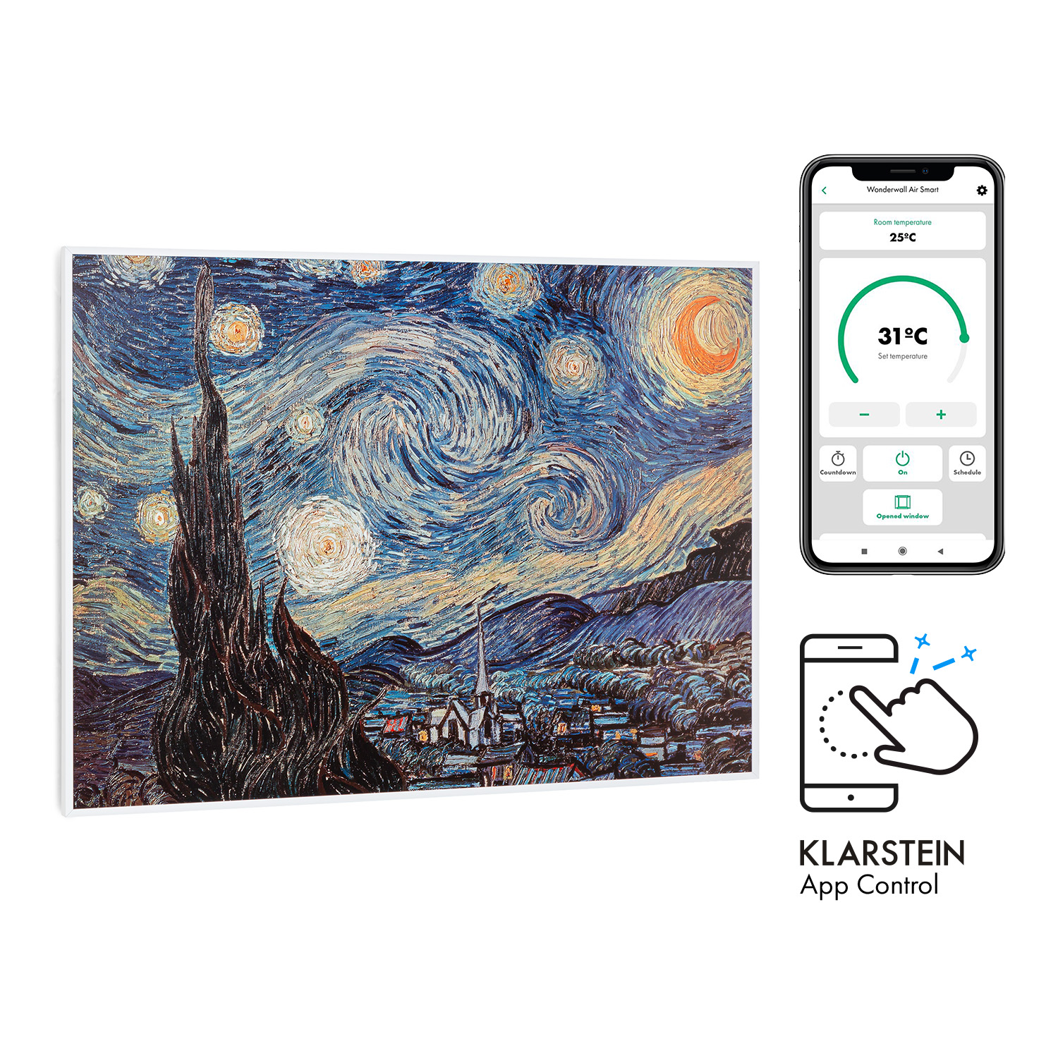 Gemälde der Sternennacht und eine App auf einem Telefon. Der Hintergrund ist weiß.